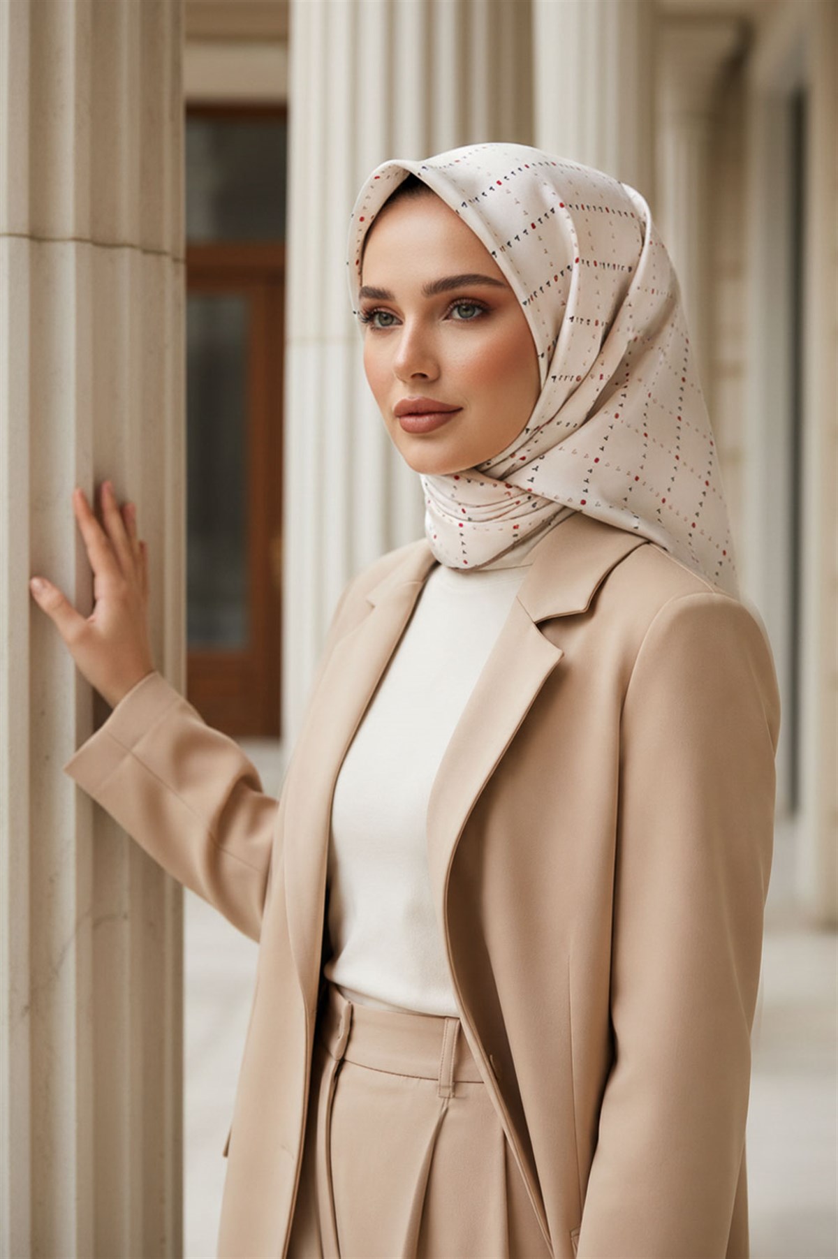 % 57 İPEK % 43 VİSKON Twill İpek Minik V Desenli Beyaz Renkli 90x90 Eşarp Dikim Şekli : El Dikişi