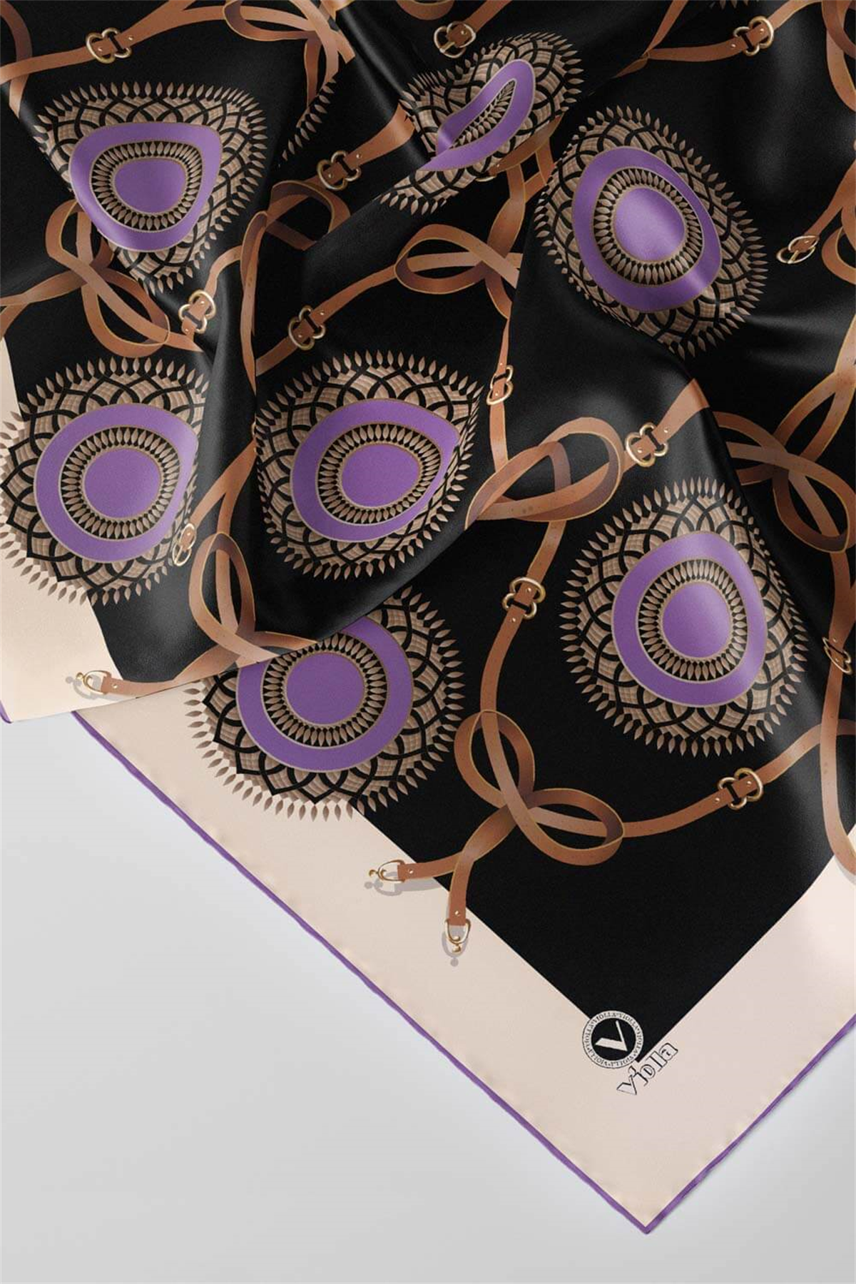 Twill Kemerli Ve Geometrik Desenli Lila Renkli 90x90 Eşarp (İpek İçermez) Kenar Dikiş Şekli El Dikişli