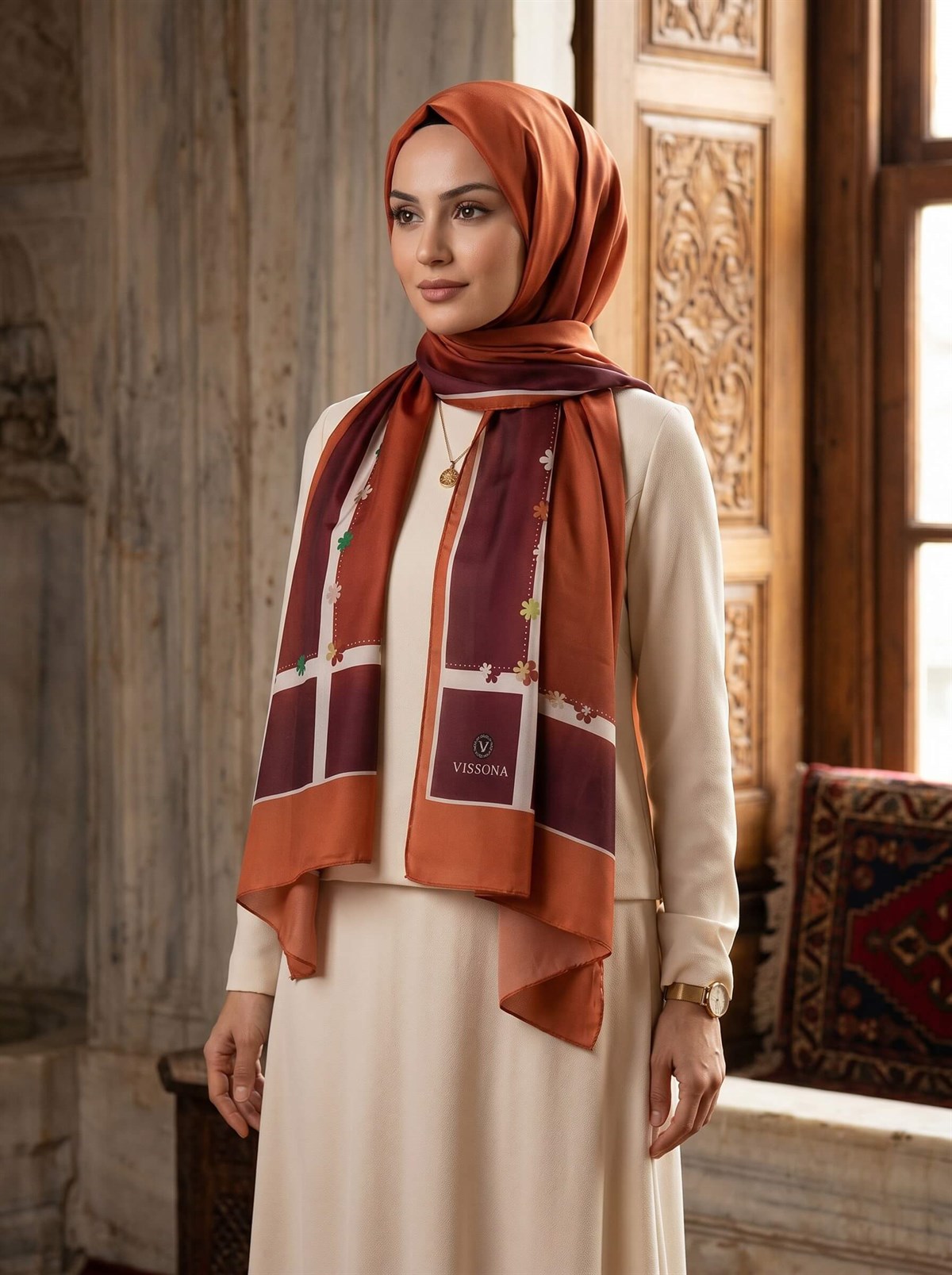 %100 Saf İpek Şal İnce Saten Vual Dokuma Çiçek Desenli Taba Renkli 90x210 Şal