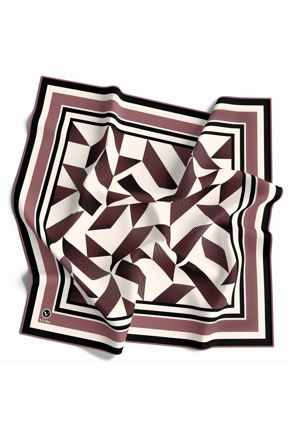 Twill Geometrik Desenli Pudra Renkli 90x90 Eşarp (İpek İçermez) Kenar Dikiş Şekli El Dikişli