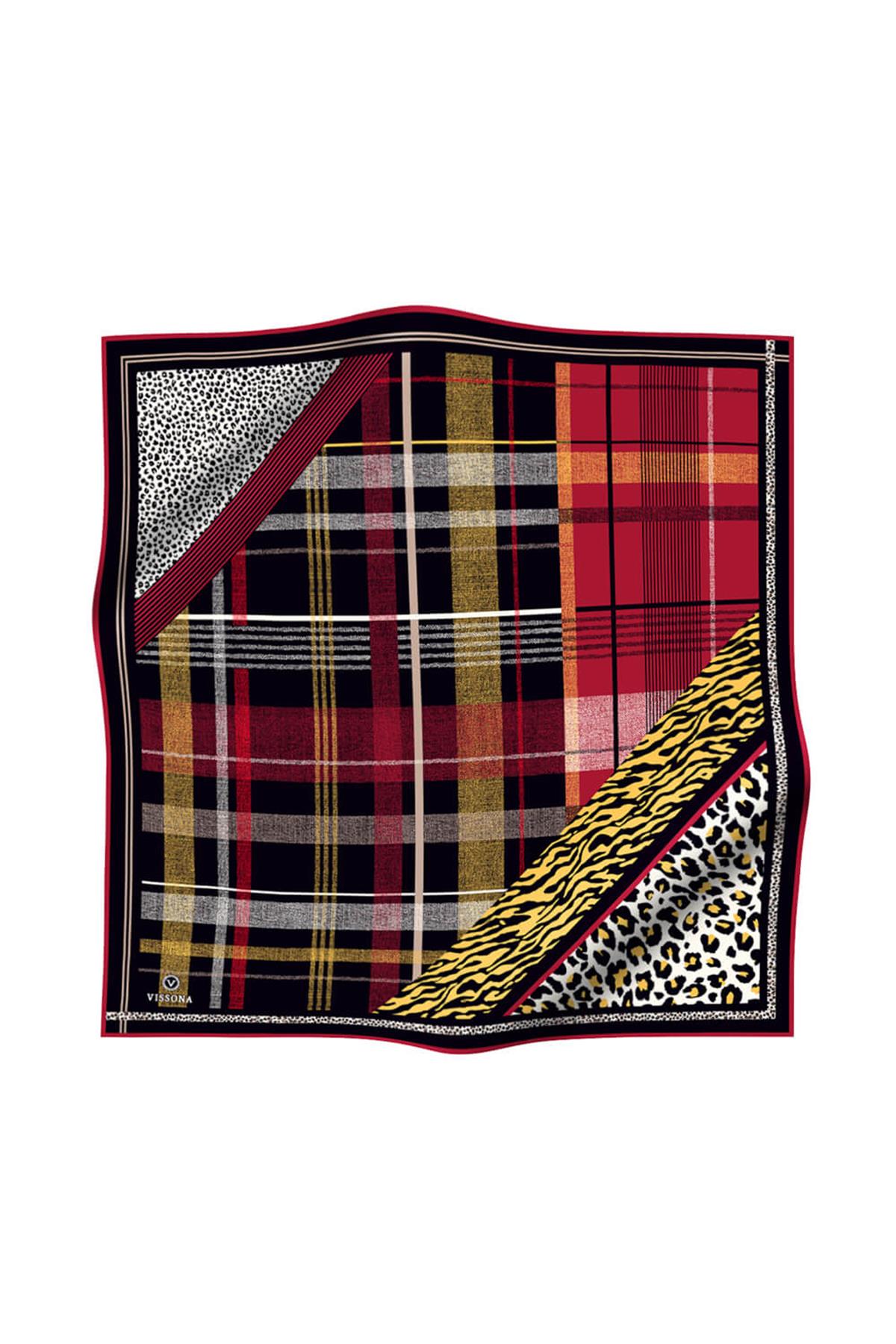 %100 Twill İpek Ekoseli Ve Leopar Desenli Siyah - Bordo Renkli 90x90 Eşarp Dikim Şekli : El Dikişi