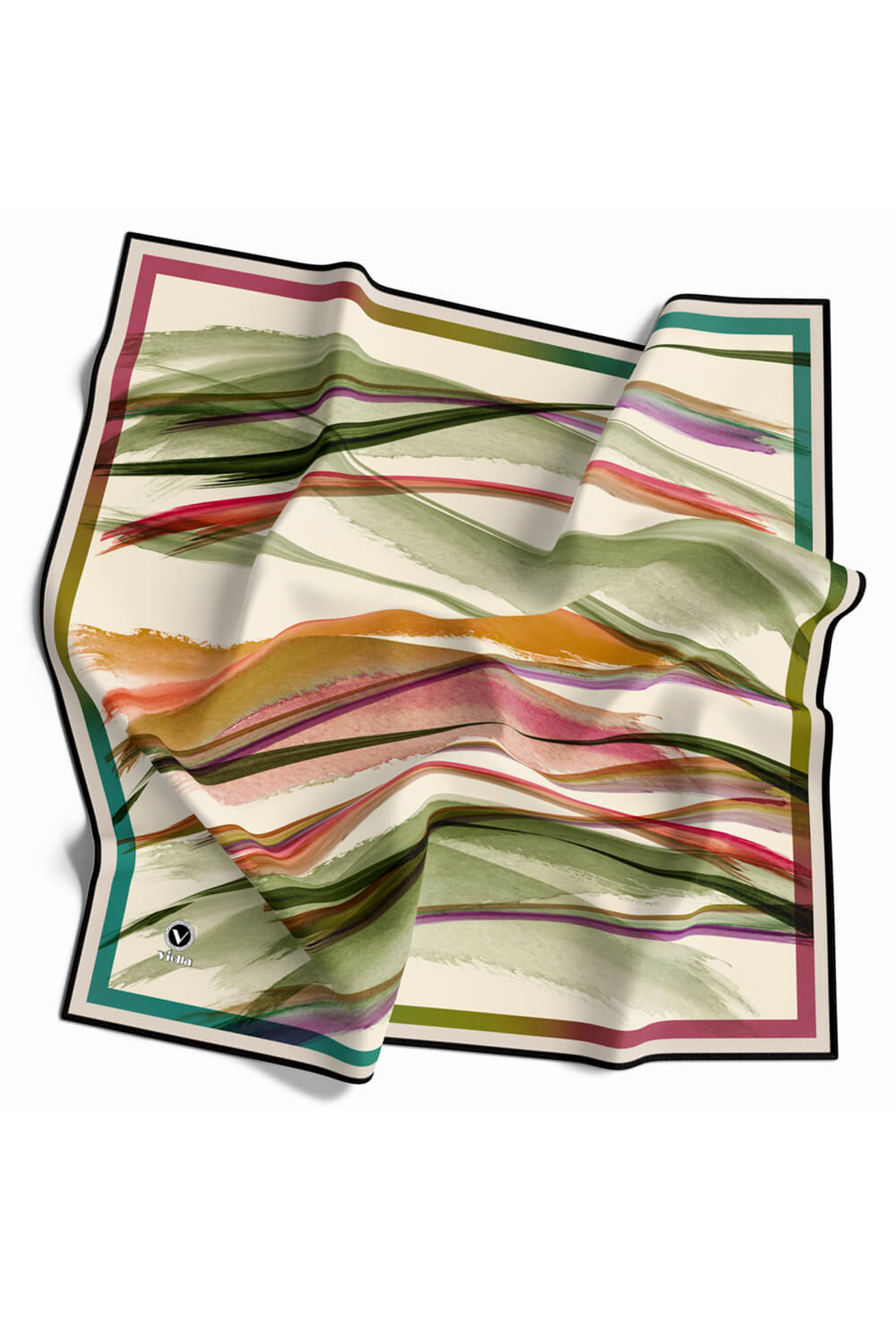 Twill Fırça Desenli Turuncu - Haki Renkli 90x90 Eşarp (İpek İçermez) Kenar Dikiş Şekli El Dikişli