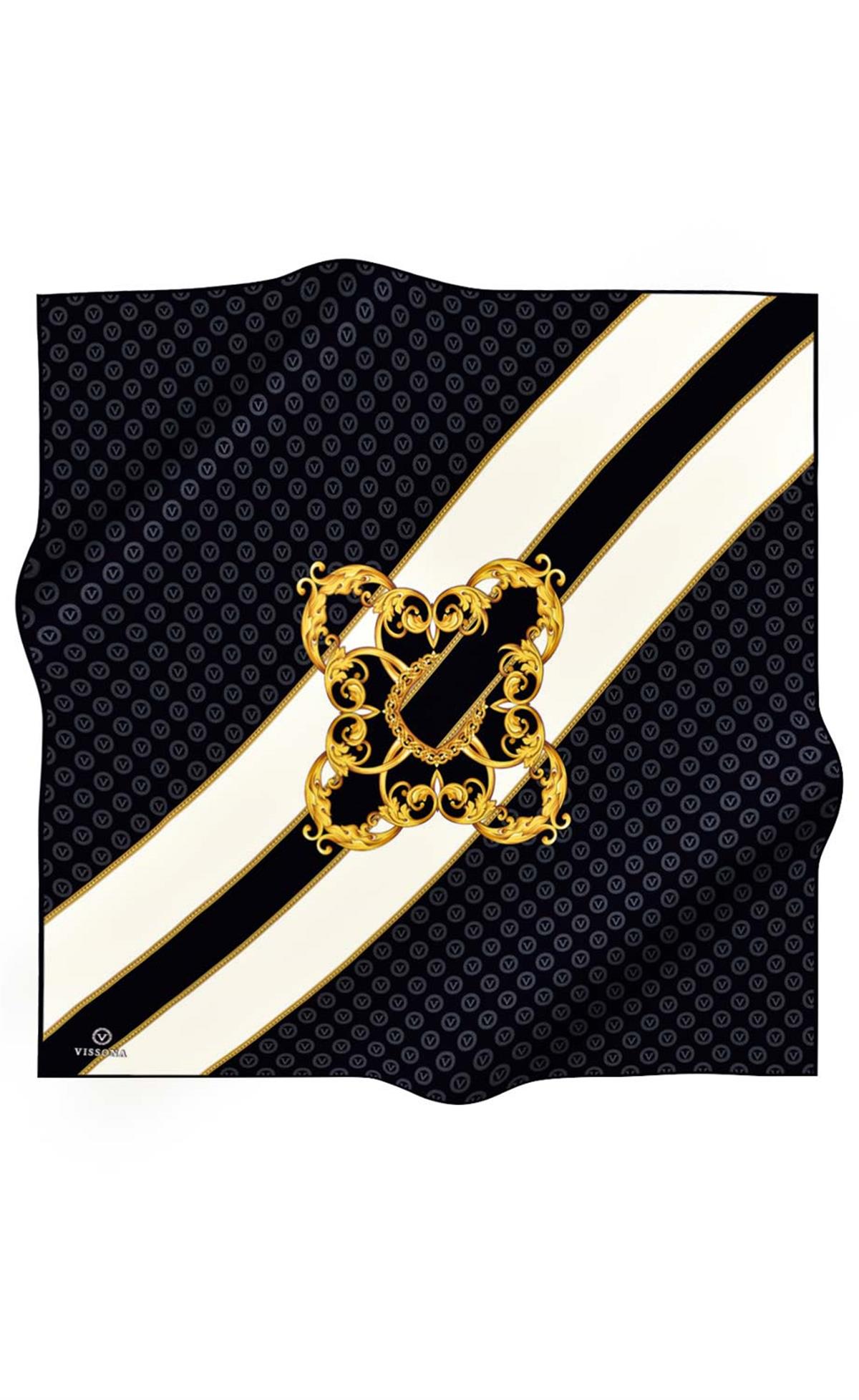 %100 Twill İpek Monogram Ve Barok Desenli Siyah - Krem Renkli 90x90 Eşarp Dikim Şekli : El Dikişi