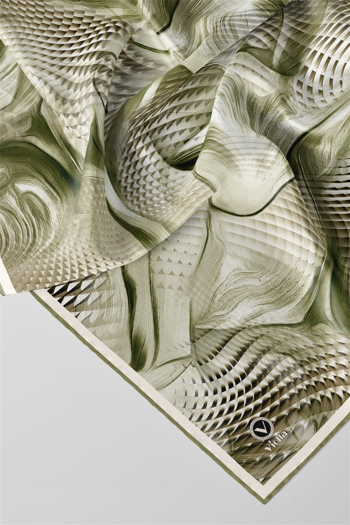Twill Geometrik Ve Dalga Desenli Mint Yeşili Renkli 90x90 Eşarp (İpek İçermez) Dikim Şekli : El Dikişi
