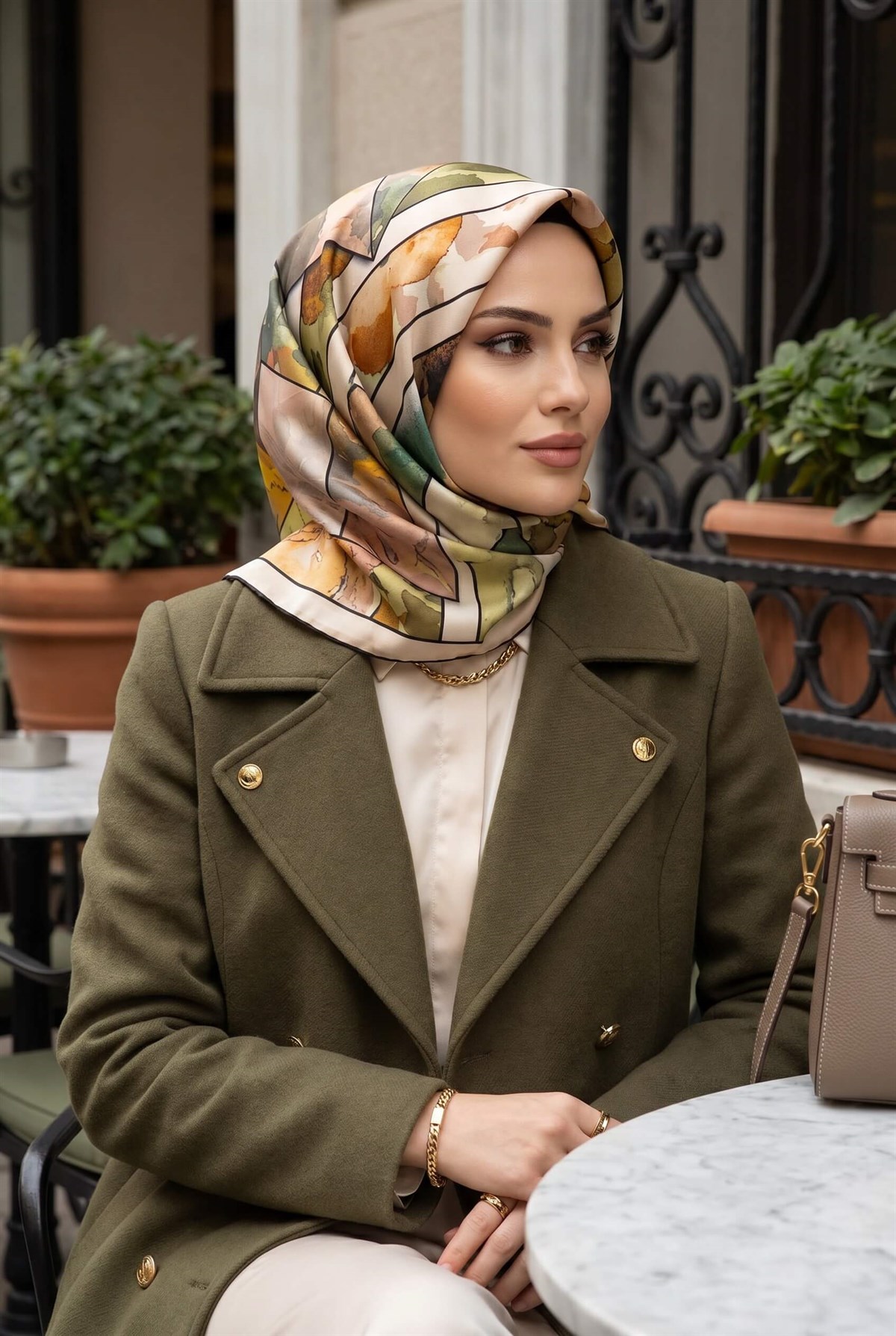 %100 Twill İpek Bahar Çiçekleri Desenli Haki Yeşil - Vizon Renkli 90x90 Eşarp Kenar Dikiş Şekli El Dikişli