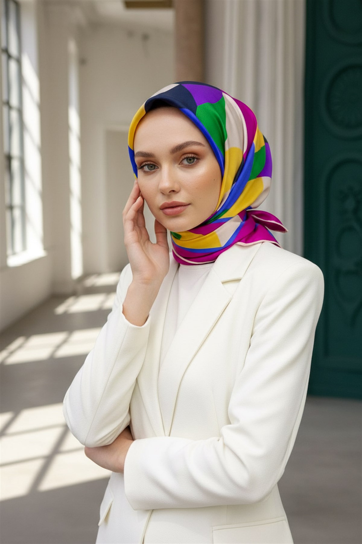 %100 Twill Renk Bloklu Çizgili Desenli Fuşya - Saks Renkli 90x90 Eşarp Dikim Şekli: El Dikişii