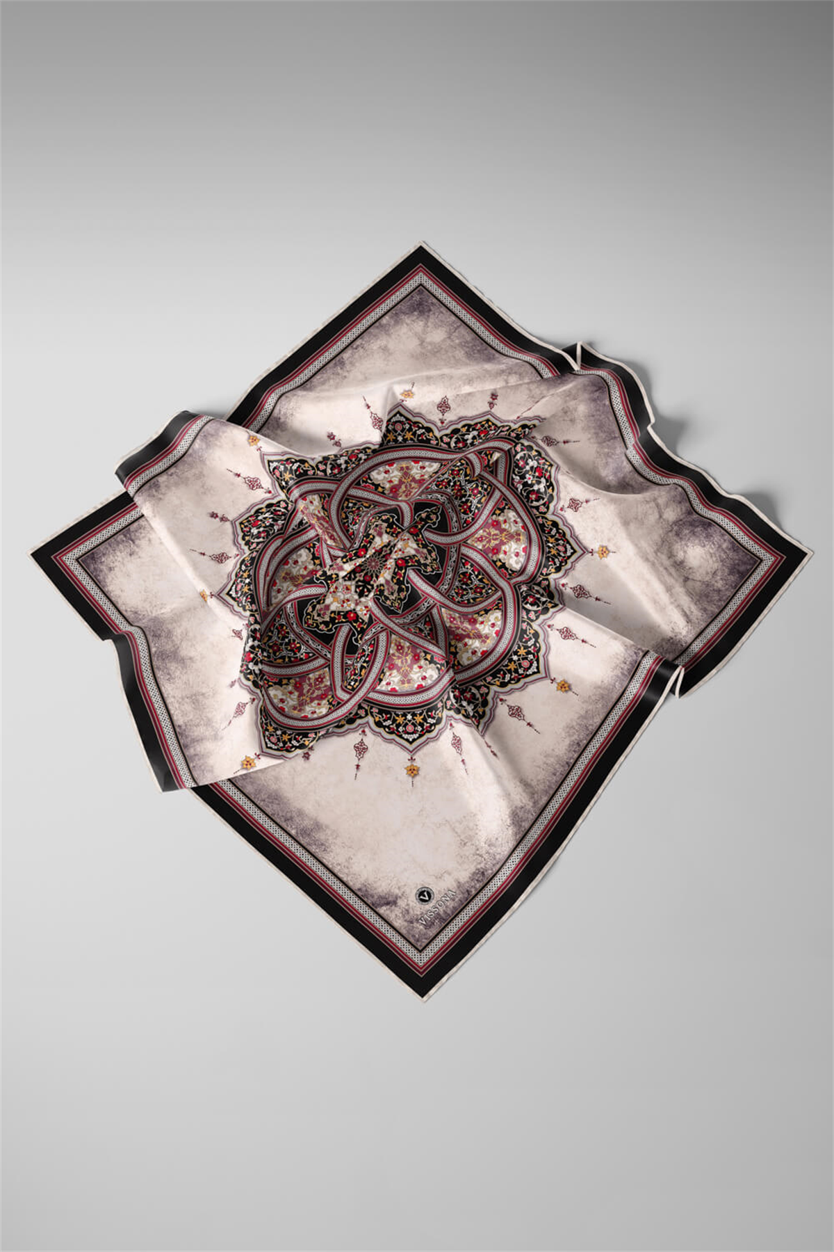 % 57 İPEK % 43 VİSKON Twill İpek Şal Desenli Siyah - Bordo Renkli 90x90 Eşarp Dikim Şekli : El Dikişi