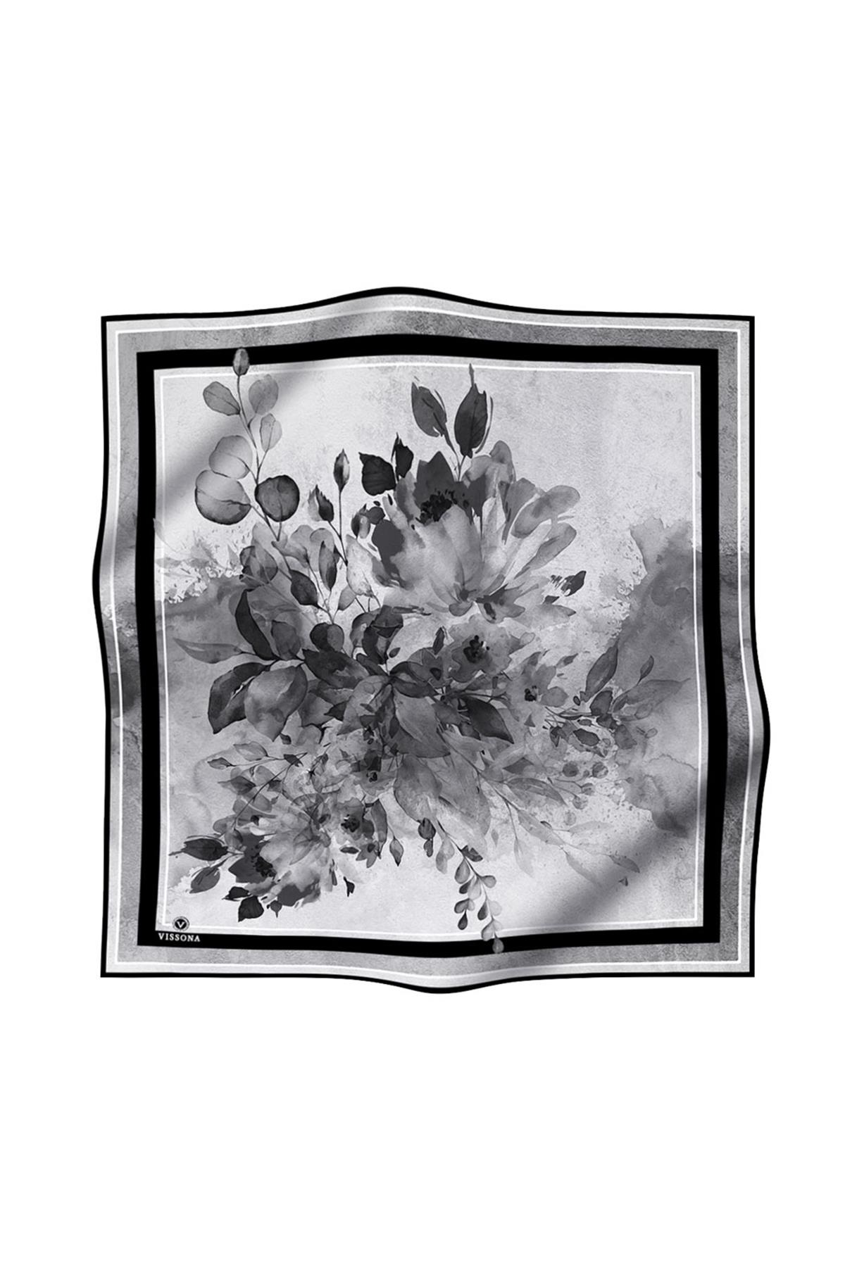 %100 Twill İpek Bahar Çiçekleri Desenli Siyah - Beyaz Renkli 90x90 Eşarp Dikim Şekli : El Dikişi