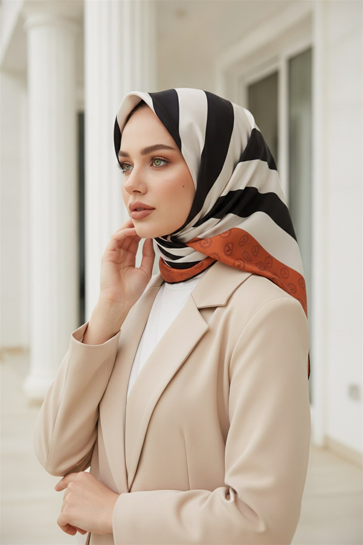 %100 Twill İpek Monogram Şerit Desenli Taba - Siyah Renkli 90x90 Eşarp Dikim Şekli : El Dikişi