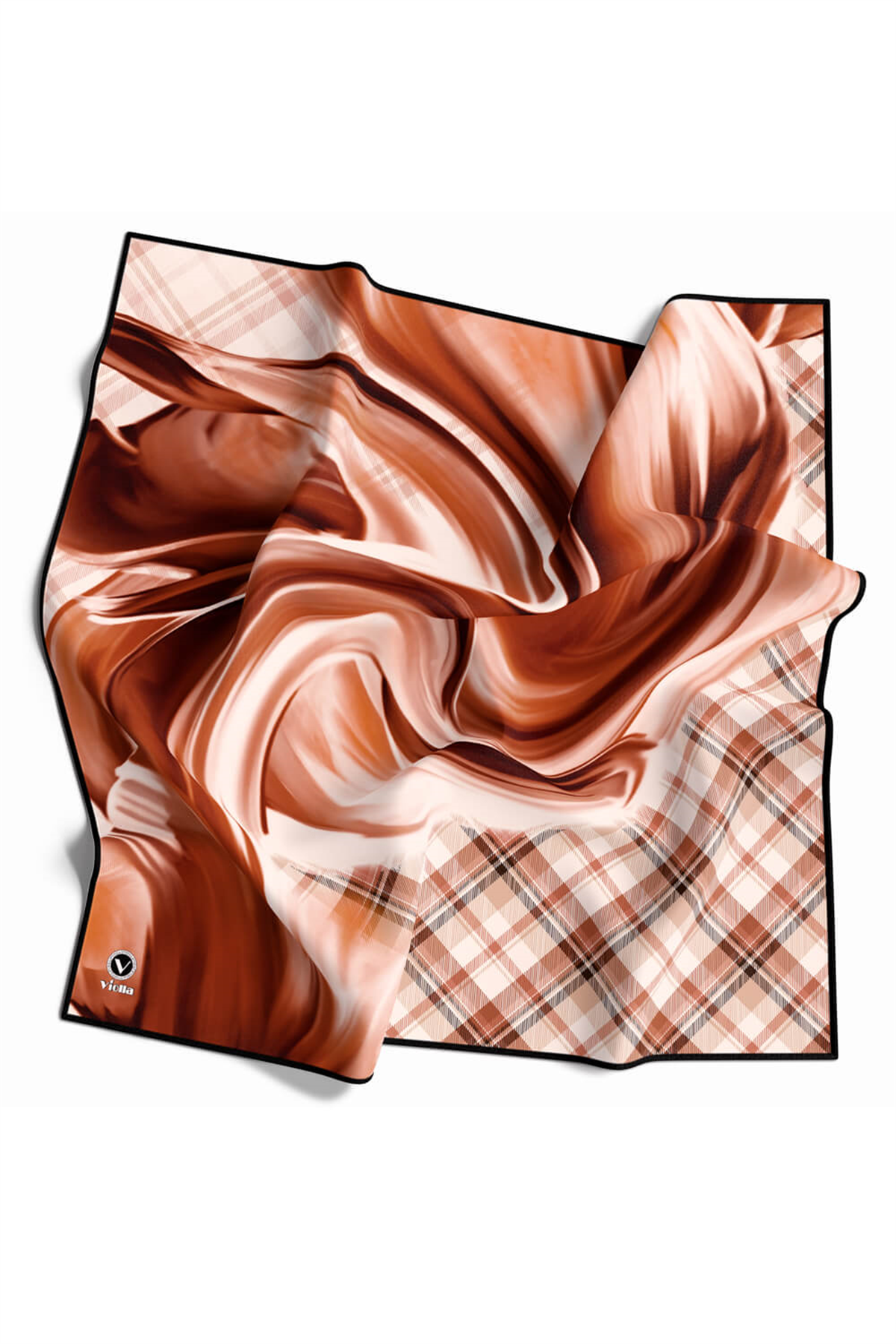 Twill Dalga ve Ekose Desenli Taba Renkli 90x90 Eşarp (İpek İçermez)Kenar Dikiş Şekli El Dikişli