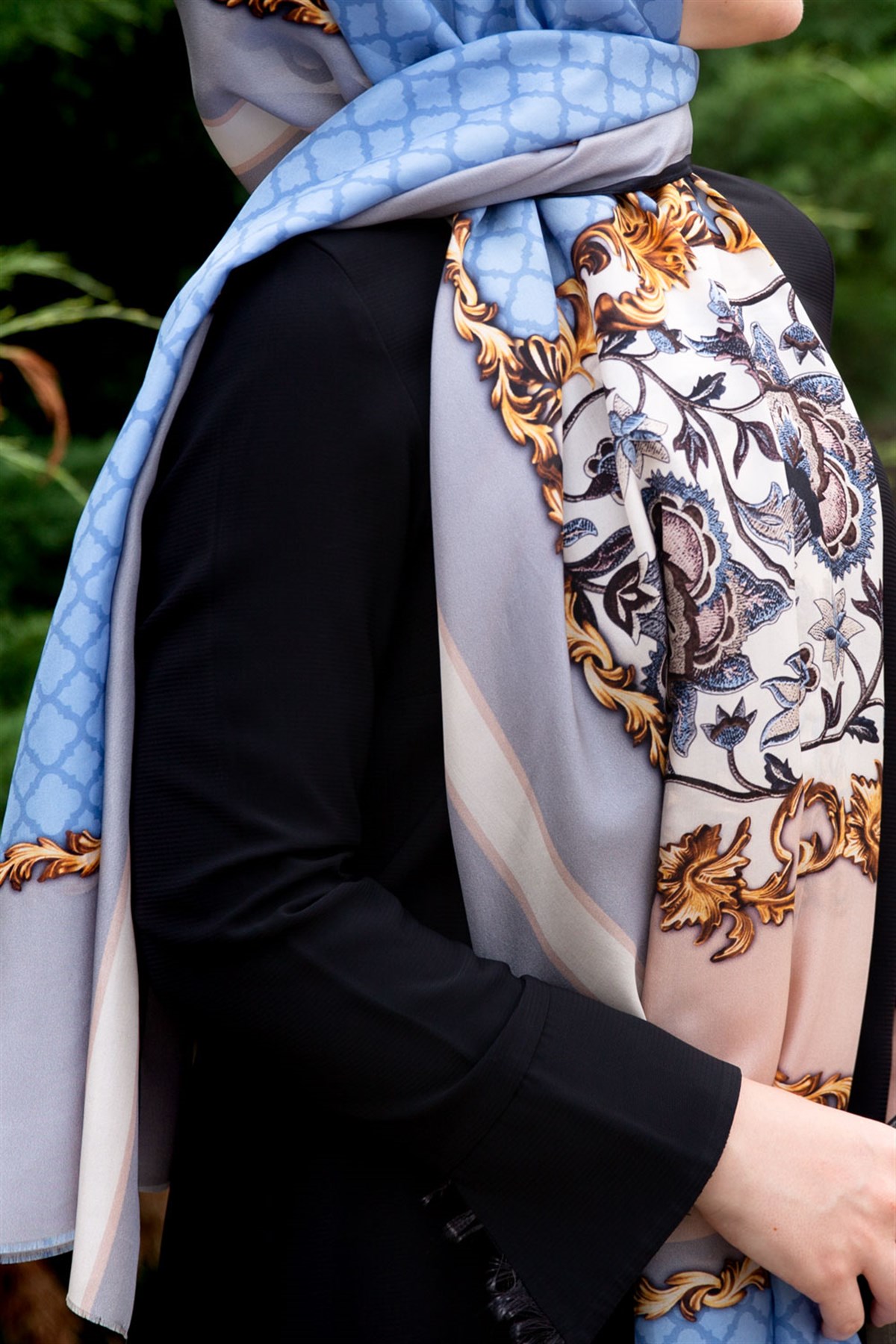 %100 İpek Dokuma Çiçek Desenli Bebe Mavisi - Gri Renkli 92x210 Şal