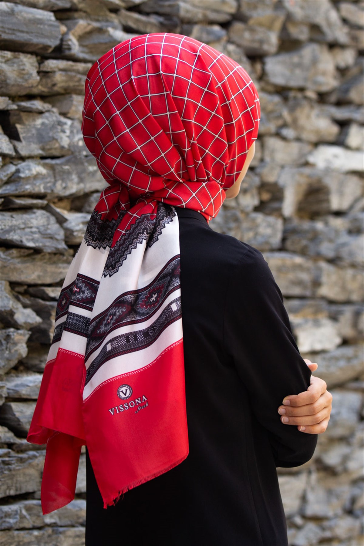 %100 İpek Etnik Desenli Kırmızı - Krem Renkli 92x210 Şal