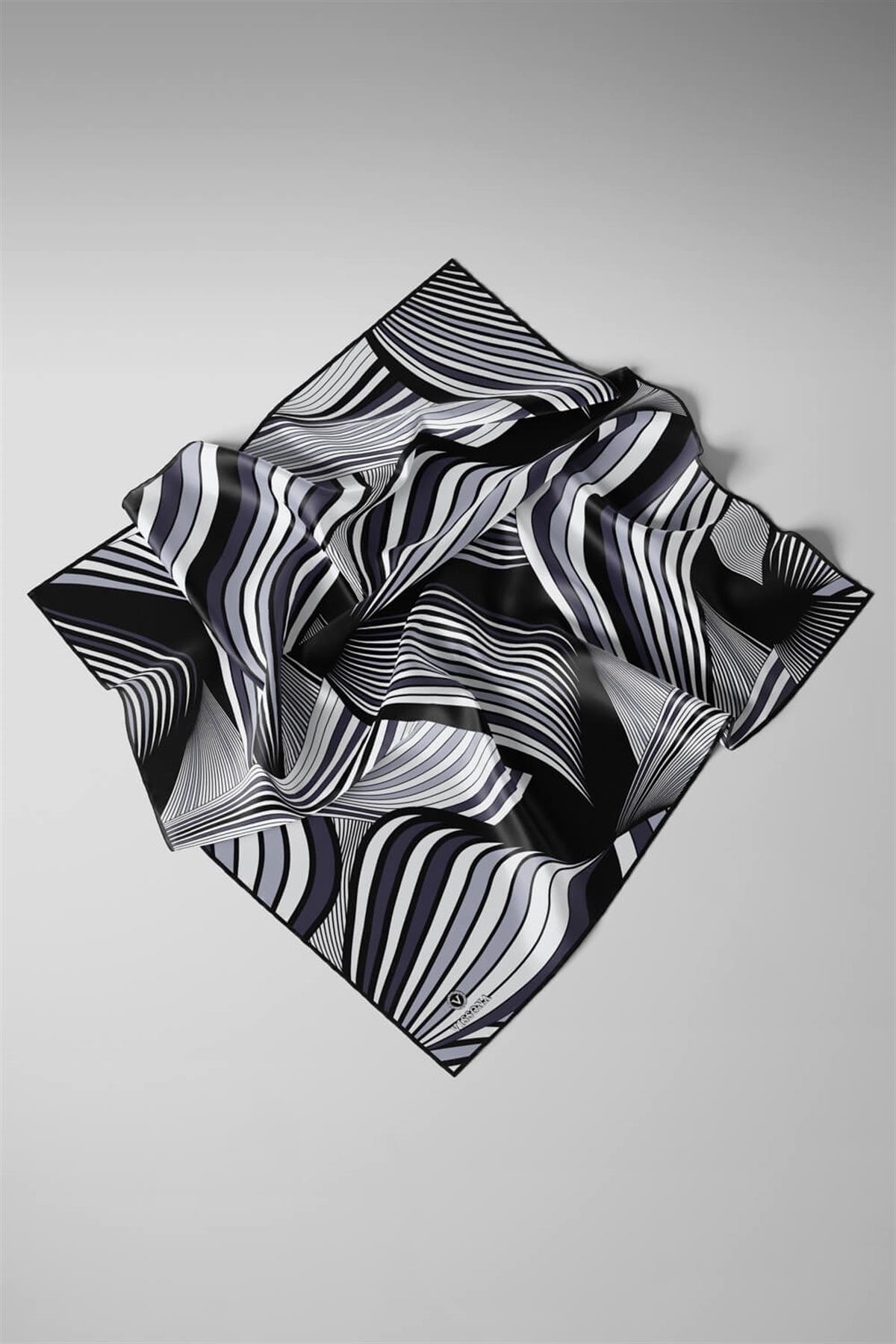 %100 Twill İpek Okyanus Dalgası Desenli Siyah - Krem Renkli 90x90 Eşarp Kenar Dikiş Şekli El Dikişli