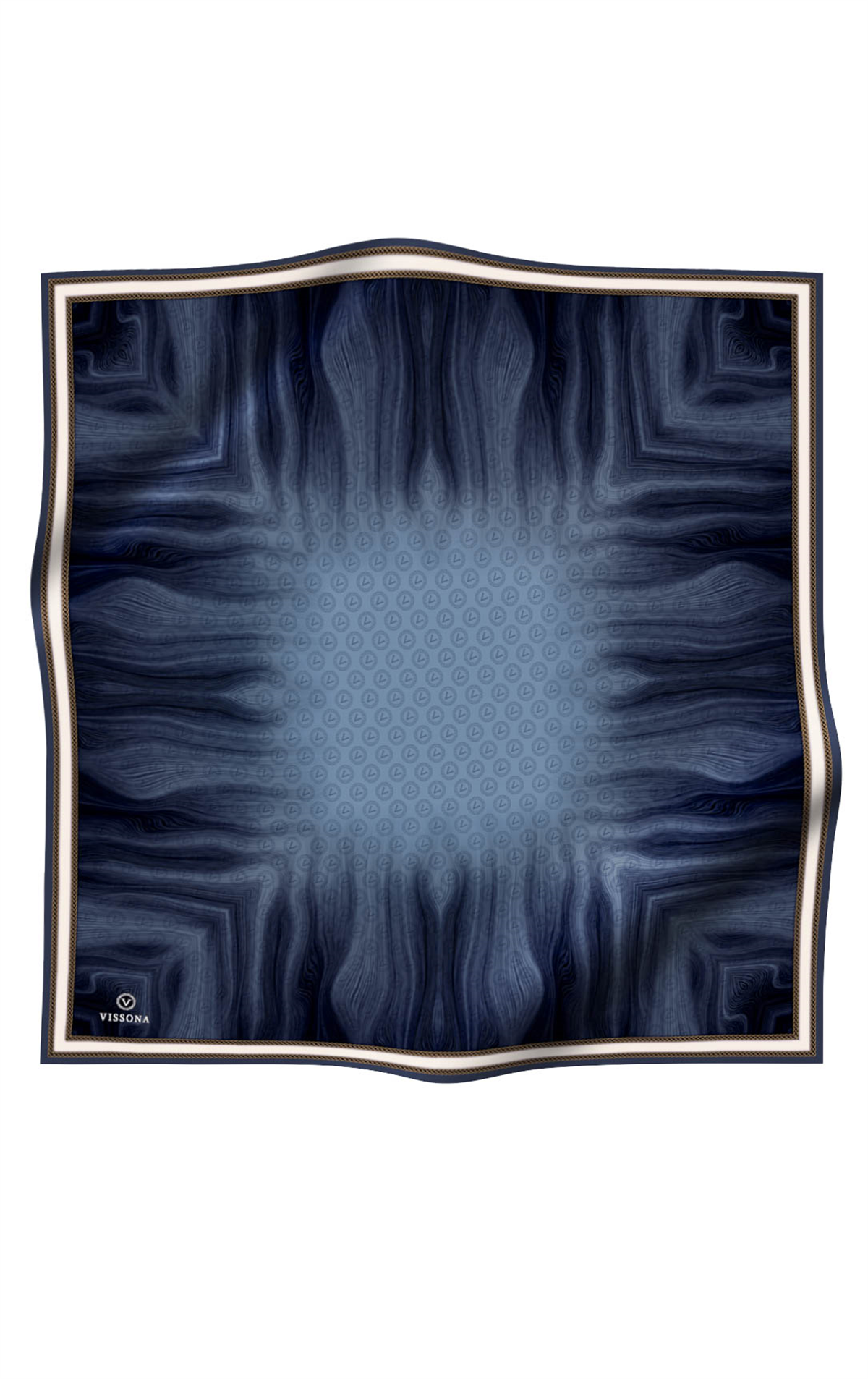 % 57 İPEK % 43 VİSKON Twill İpek Monogram Desenli İndigo Renkli 90x90 Dikim Şekli : El Dikişi Eşarp