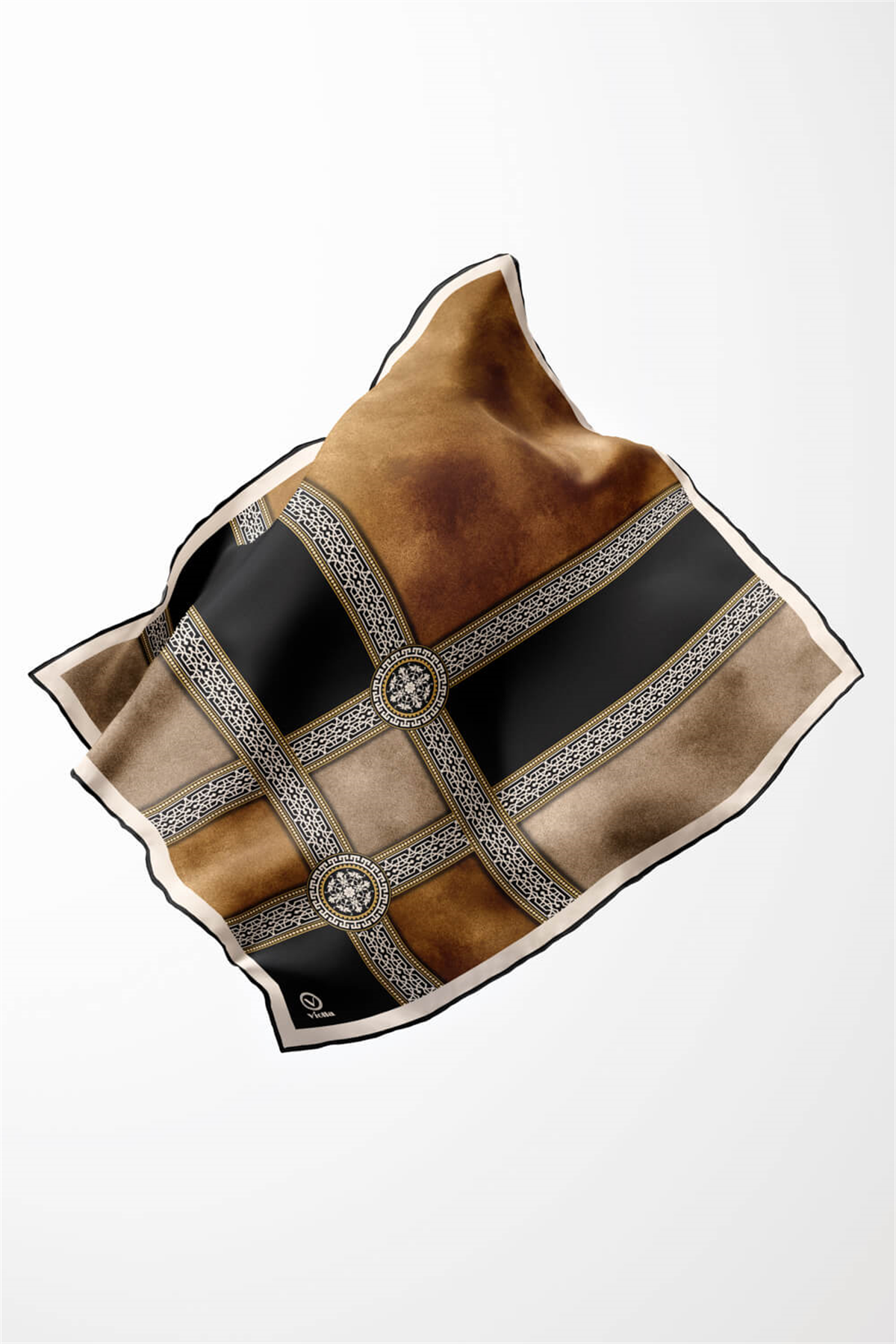 Twill Geometrik Desenli Hardal Renkli 90x90 Eşarp (İpek İçermez) Kenar Dikiş Şekli El Dikişli