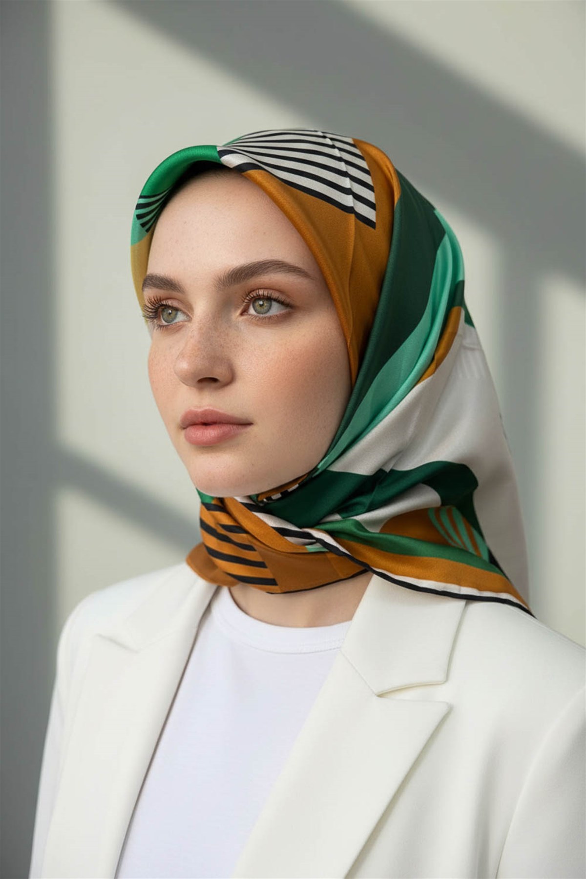100% Twill İpek Geometrik Desenli Zümrüt Yeşili - Hardal Renkli 90x90 Dikim Şekli : El Dikişi Eşarp