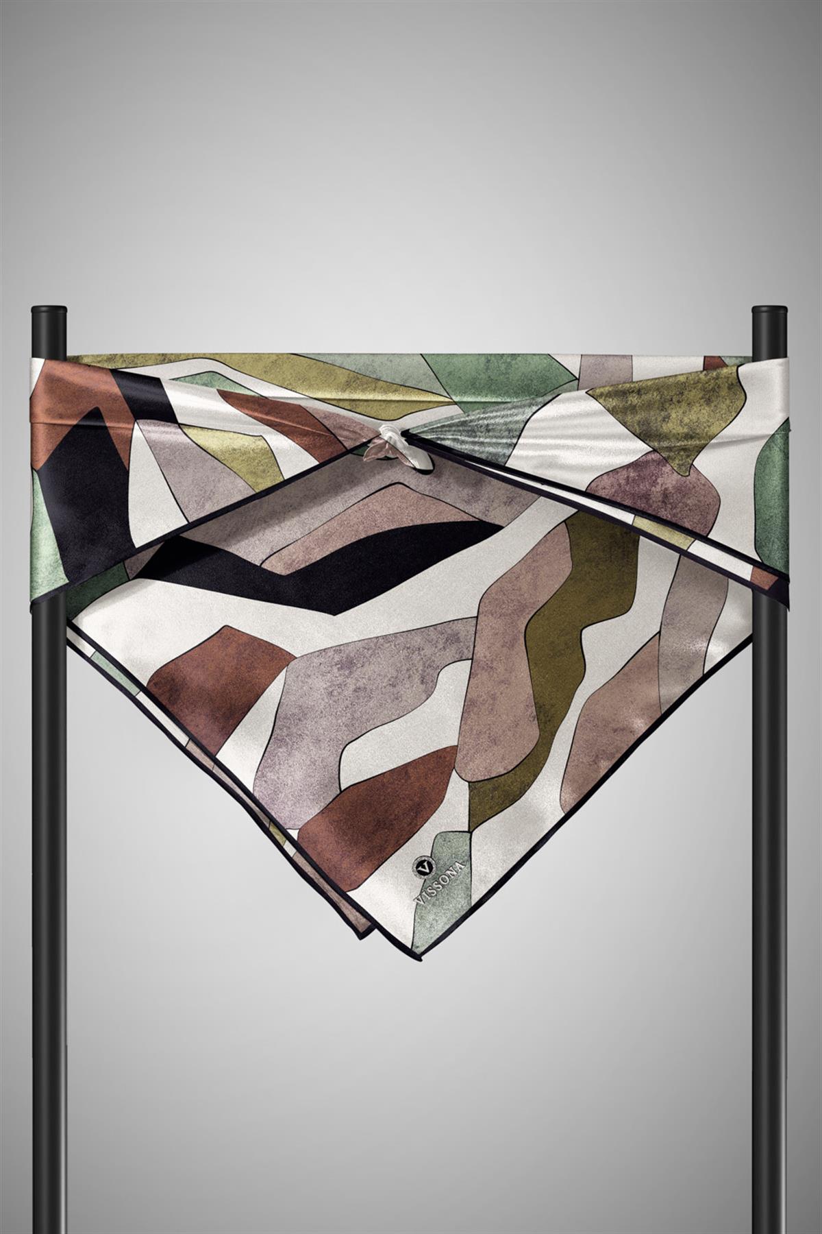 %100 Twill İpek Geometrik Desenli Bakır - Haki Renkli 90x90 Eşarp Dikim Şekli : El Dikişi