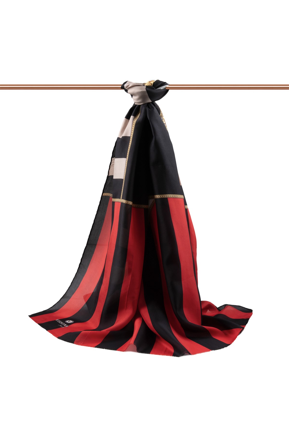 %100 İpek Şerit Ve Varak Desenli Kırmızı - Siyah Renkli 92x210 Şal