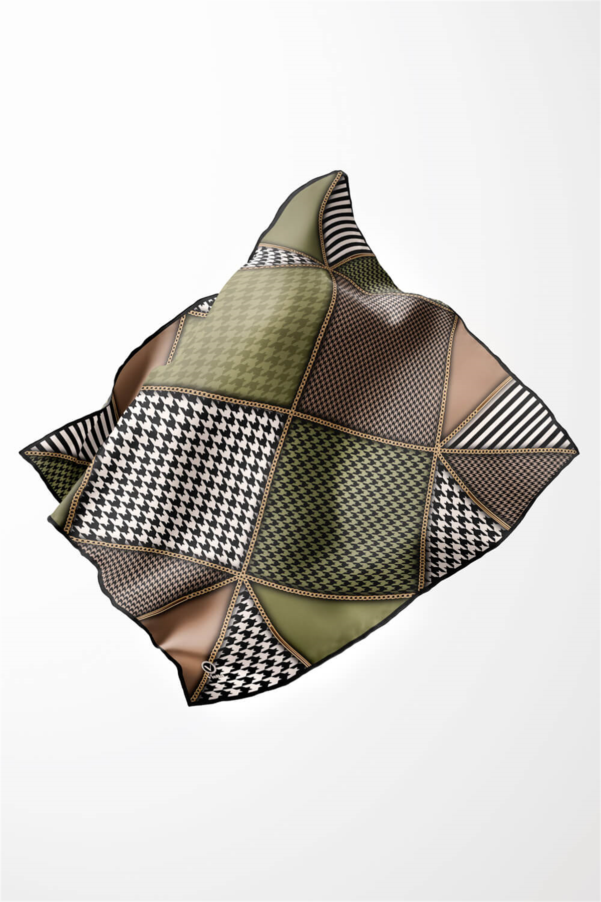 Twil Geometrik Ve Kazayak Desenli Haki Renkli 90x90 Eşarp (İpek İçermez) Dikim Şekli : El Dikişi