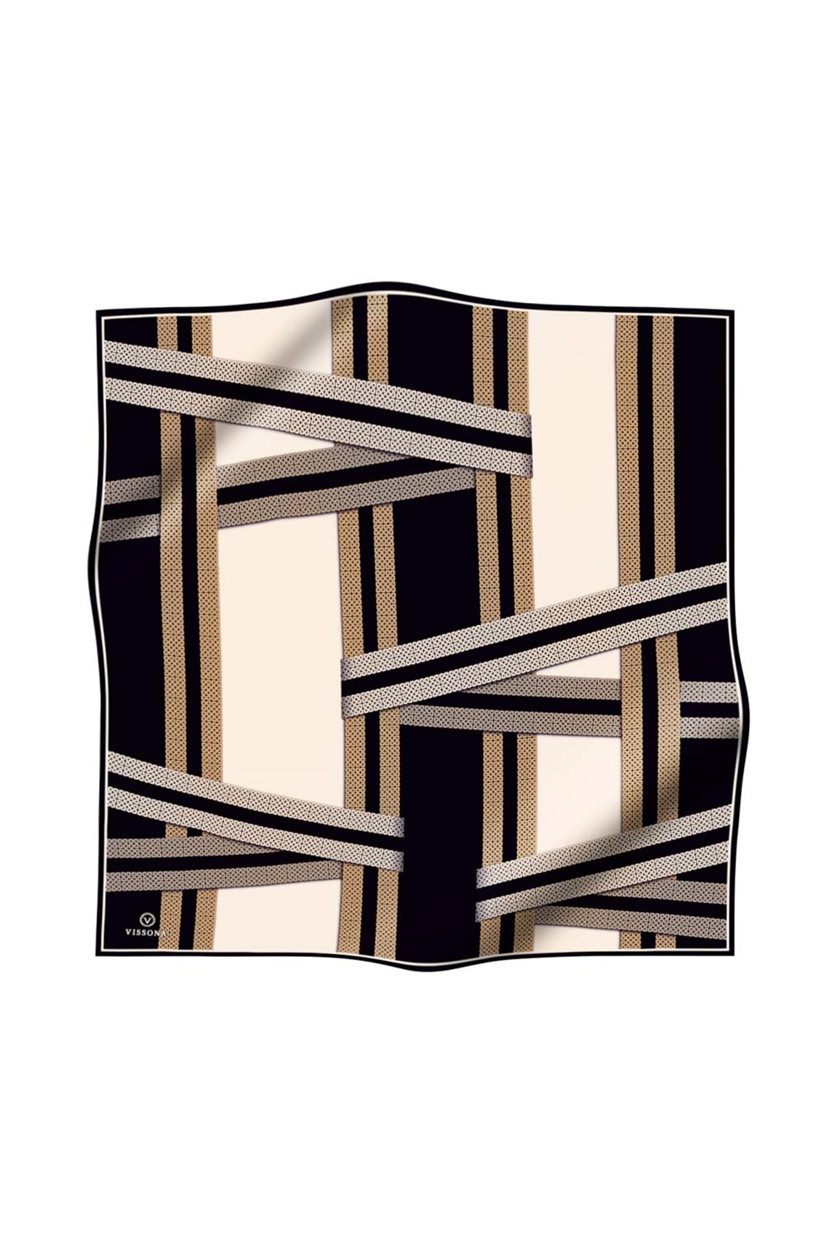 % 57 İPEK % 43 VİSKON Twill İpek Geometrik Desenli Siyah - Krem Renkli 90x90 Eşarp Dikim Şekli : El Dikişi