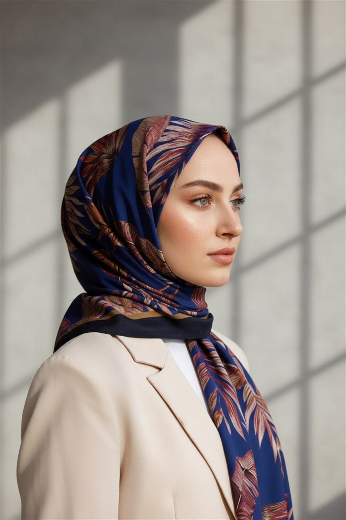 KREP YAPRAK DESENLİ LACİVERT - BORDO RENKLİ 75X195 KIRIŞMAZ ŞAL