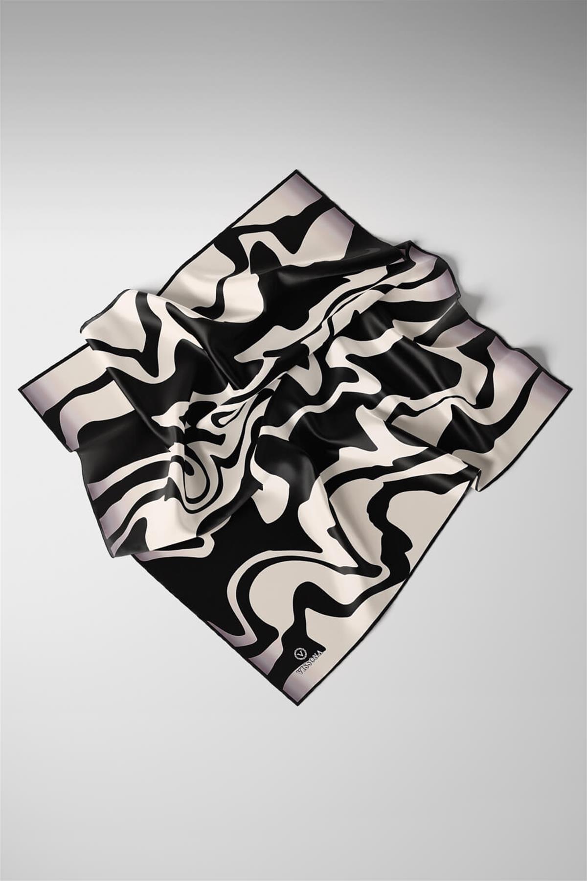 100% Twill İpek Dalga Desenli Siyah - Krem Renkli 90x90 Dikim Şekli : El Dikişi Eşarp