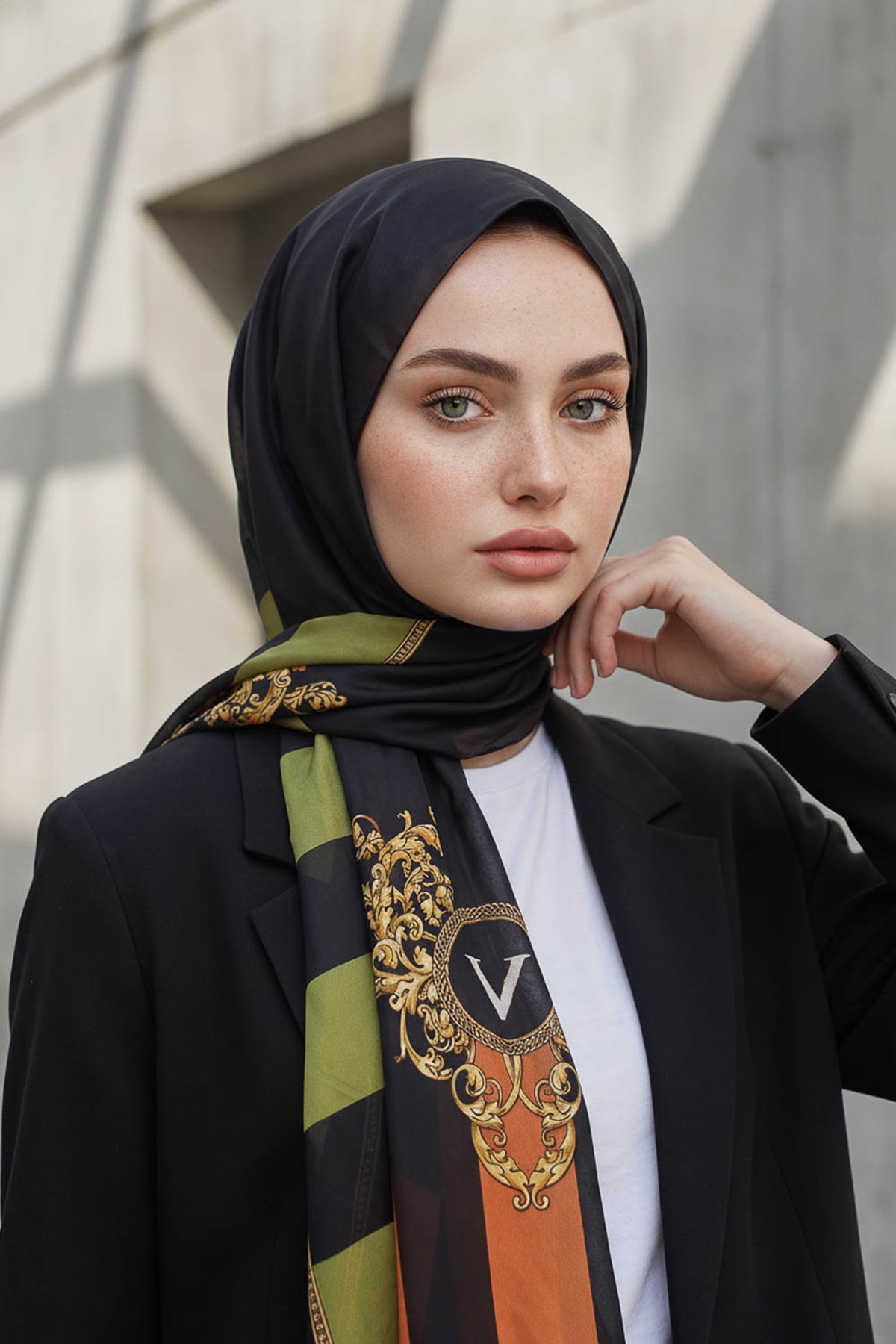 %100 Saf İpek Şal İnce Saten Vual Dokuma Şeritli Ve Varak Desenli Haki - Taba Renkli 90x210 Şal