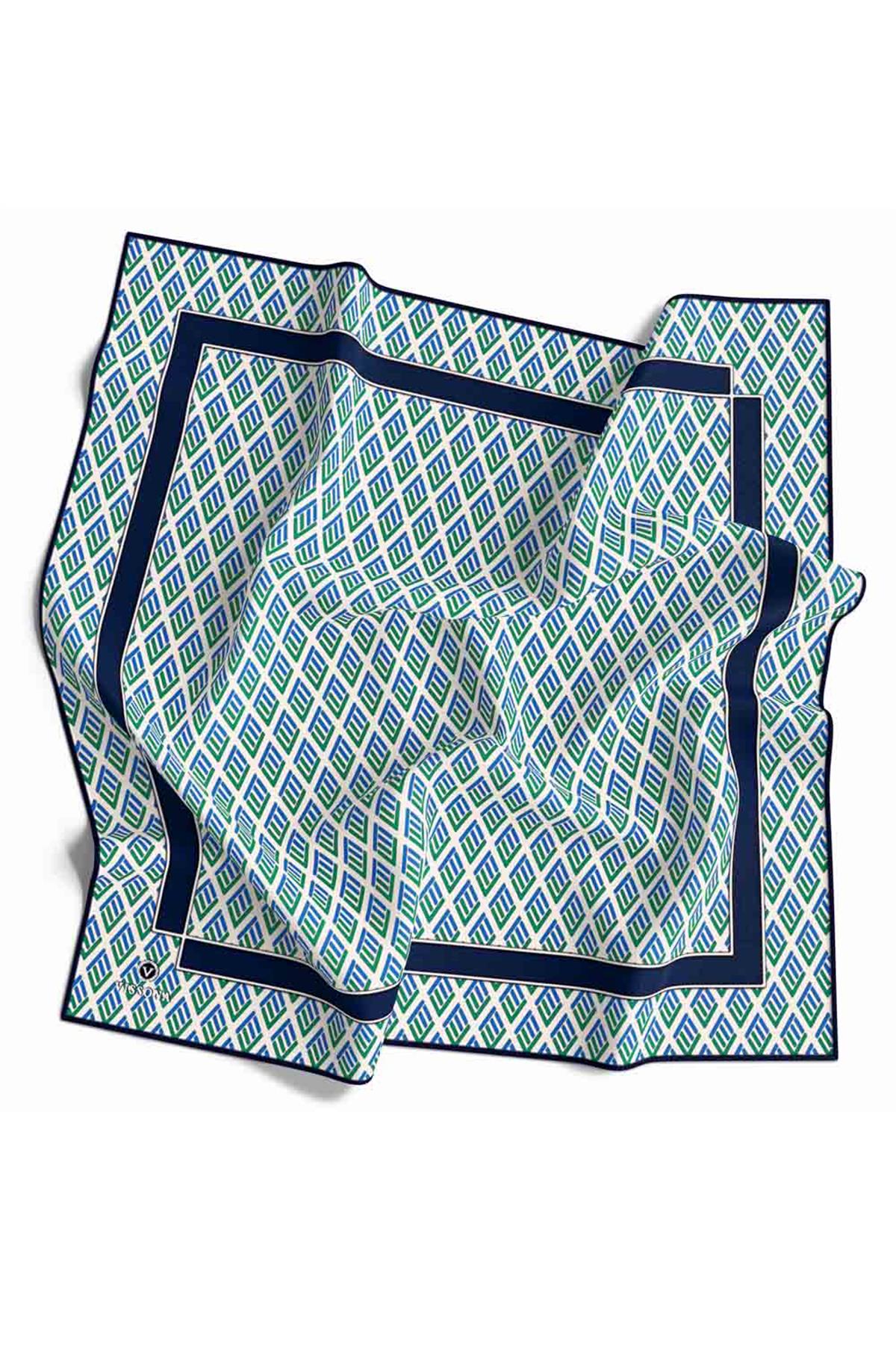 %100 Twill İpek Geometrik Desenli Saks - Zümrüt Yeşili Renkli 90x90 Eşarp Dikim Şekli : El Dikişi