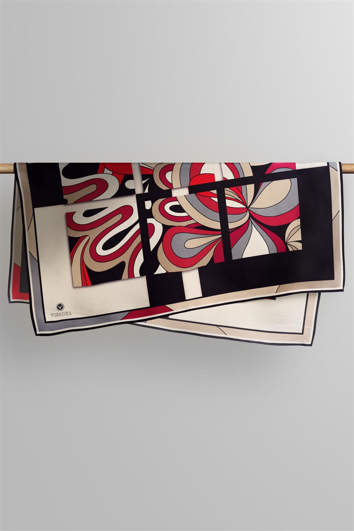 100% Twill İpek Geometrik Desenli Bej - Kırmızı Renkli 90x90 Dikim Şekli : El Dikişi Eşarp