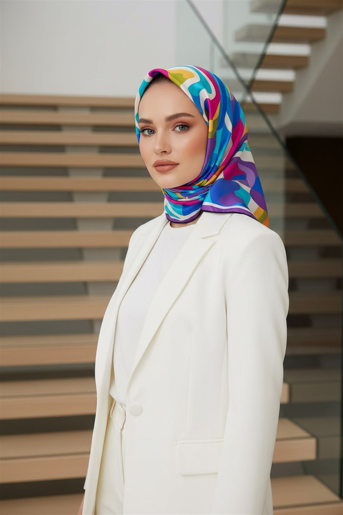 %100 Twill İpek Geometrik Desenli Mor - Saks Renkli 90x90 Eşarp Dikim Şekli : El Dikişi