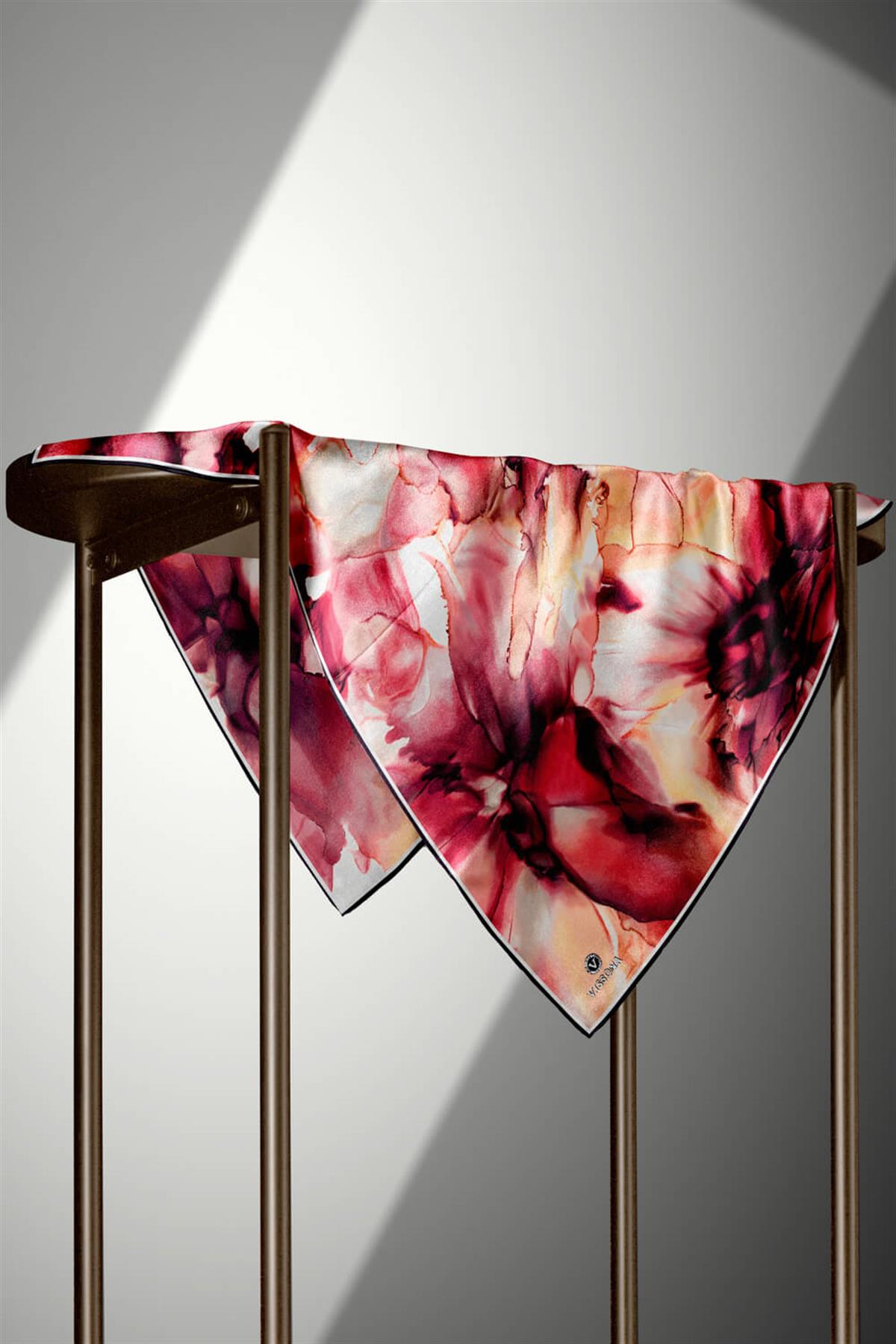 %100 Twill İpek Batik Çiçek Desenli Bordo - Hardal Renkli 90x90 Eşarp