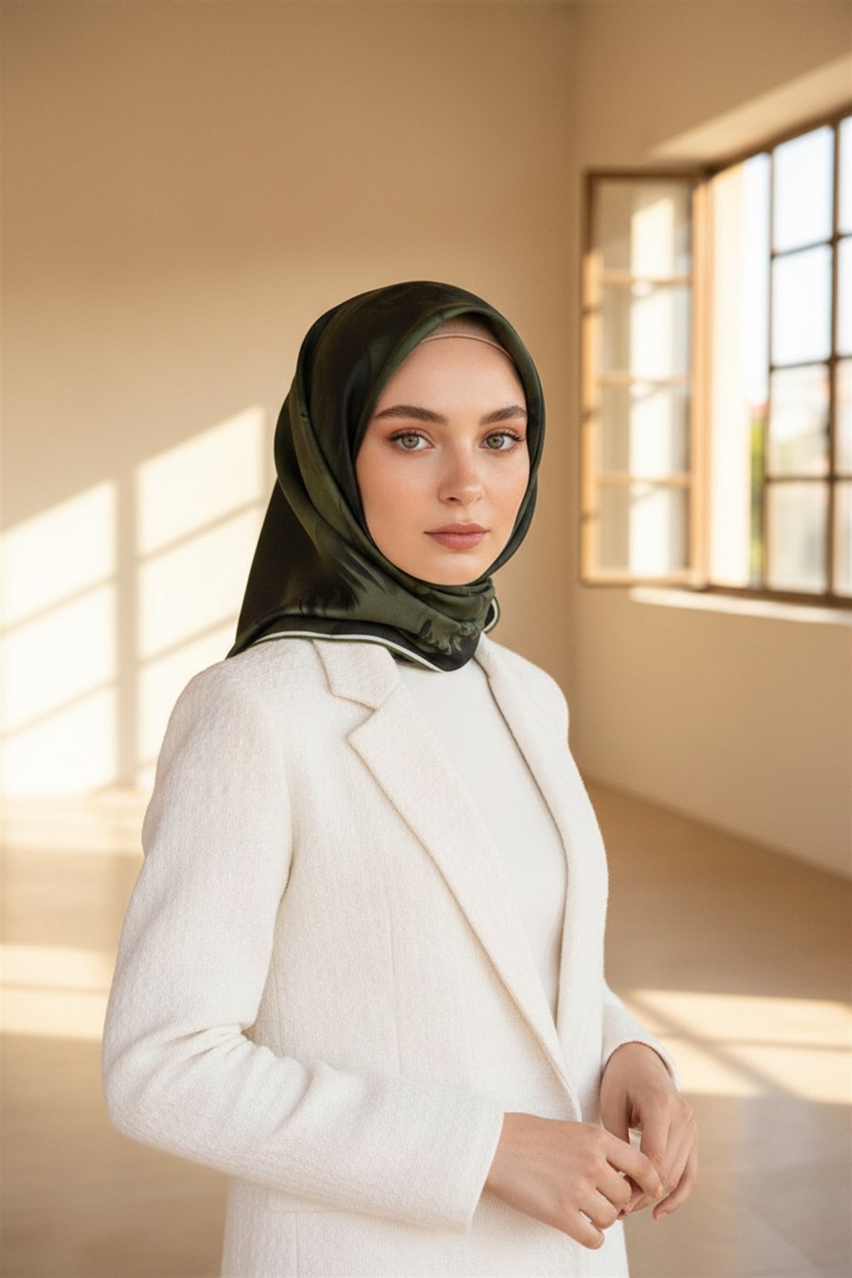 100% Twill İpek Çiçek Desenli Haki Renkli 90x90 Dikim Şekli : El Dikişi Eşarp