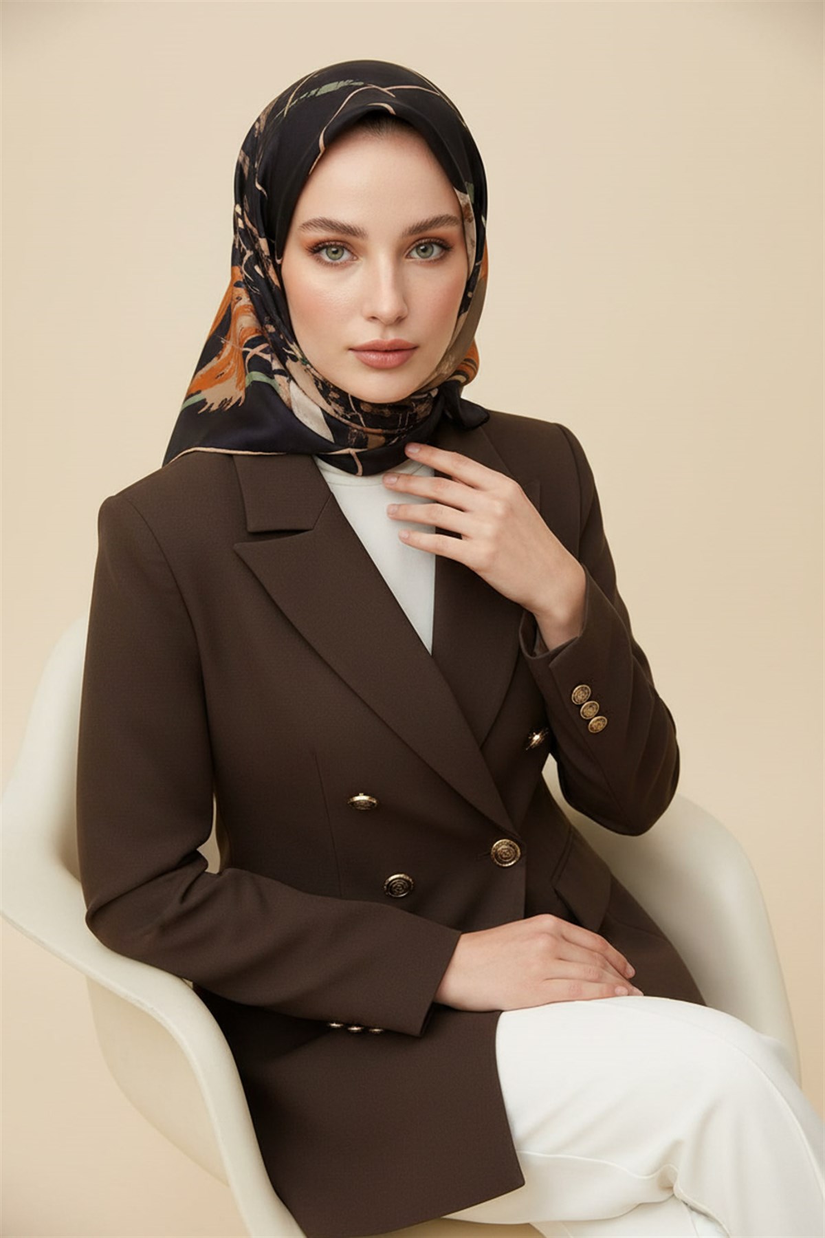 %100 Twill İpek Geometrik Desenli Taba - Haki Renkli 90x90 Eşarp Dikim Şekli : El Dikişi