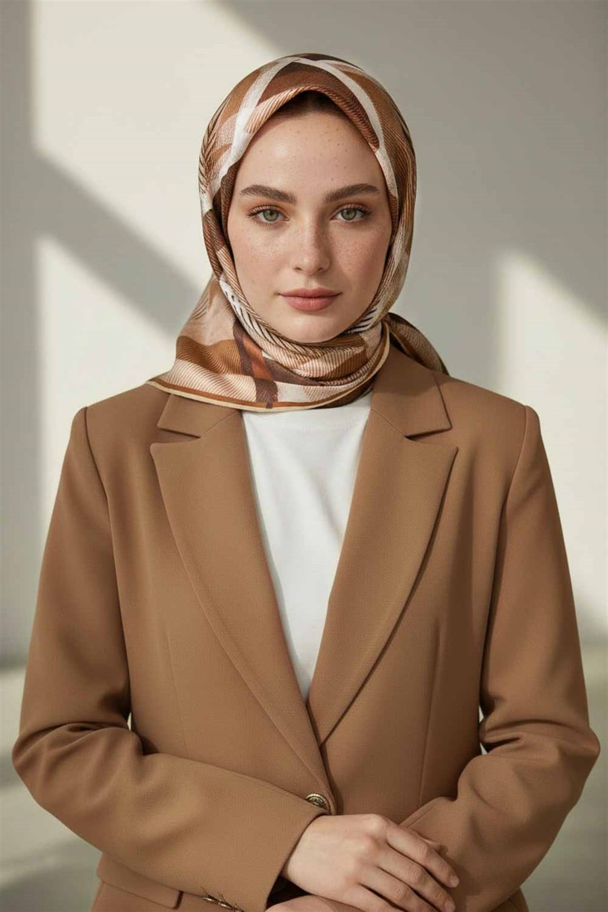 %100 Twill İpek Geometri Desenli Krem - Kahve Renkli 90x90 Eşarp Kenar Dikiş Şekli El Dikişli