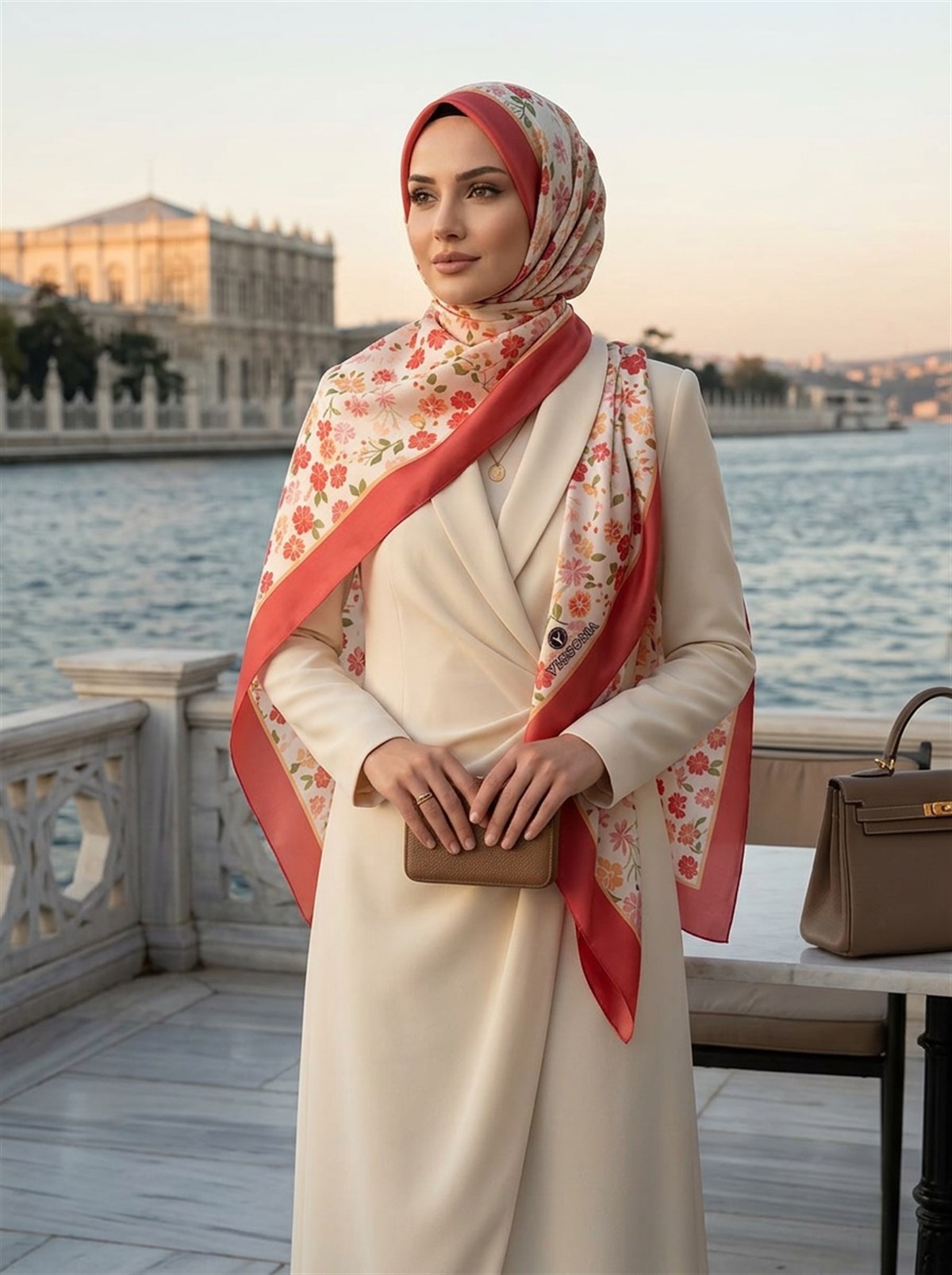 %100 Saf İpek Şal İnce Saten Vual Dokuma Çıtır Çiçek Desenli Kırmızı Renkli 90x210 Şal