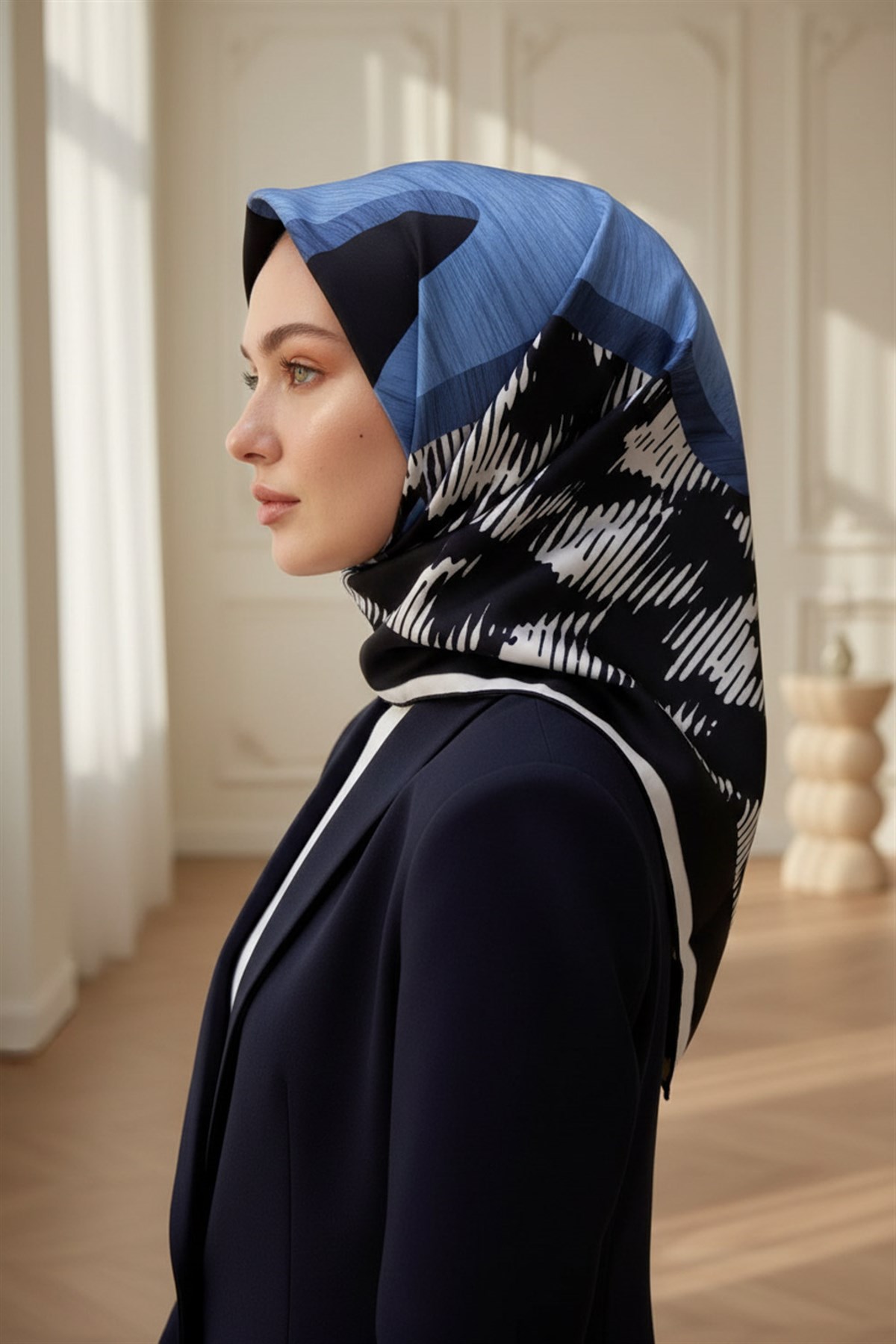 %100 Twill İpek Kazayağı Desenli İndigo - Lacivert Renkli 90x90 Eşarp Kenar Dikiş Şekli El Dikişli