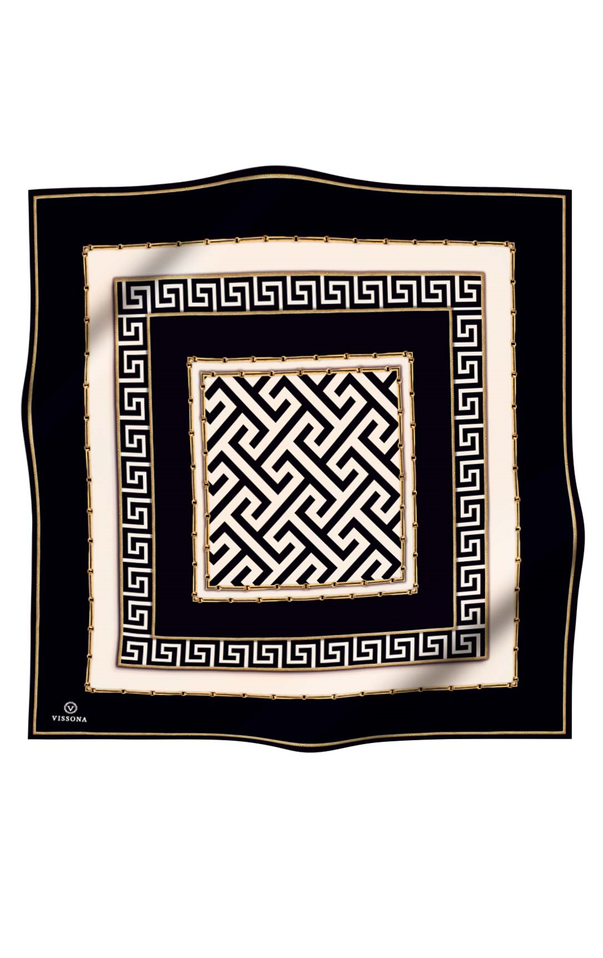 % 57 İPEK % 43 VİSKON Twill İpek Labirent Ve Geometrik Desenli Siyah - Krem Renkli 90x90 Eşarp Dikim Şekli : El Dikişi