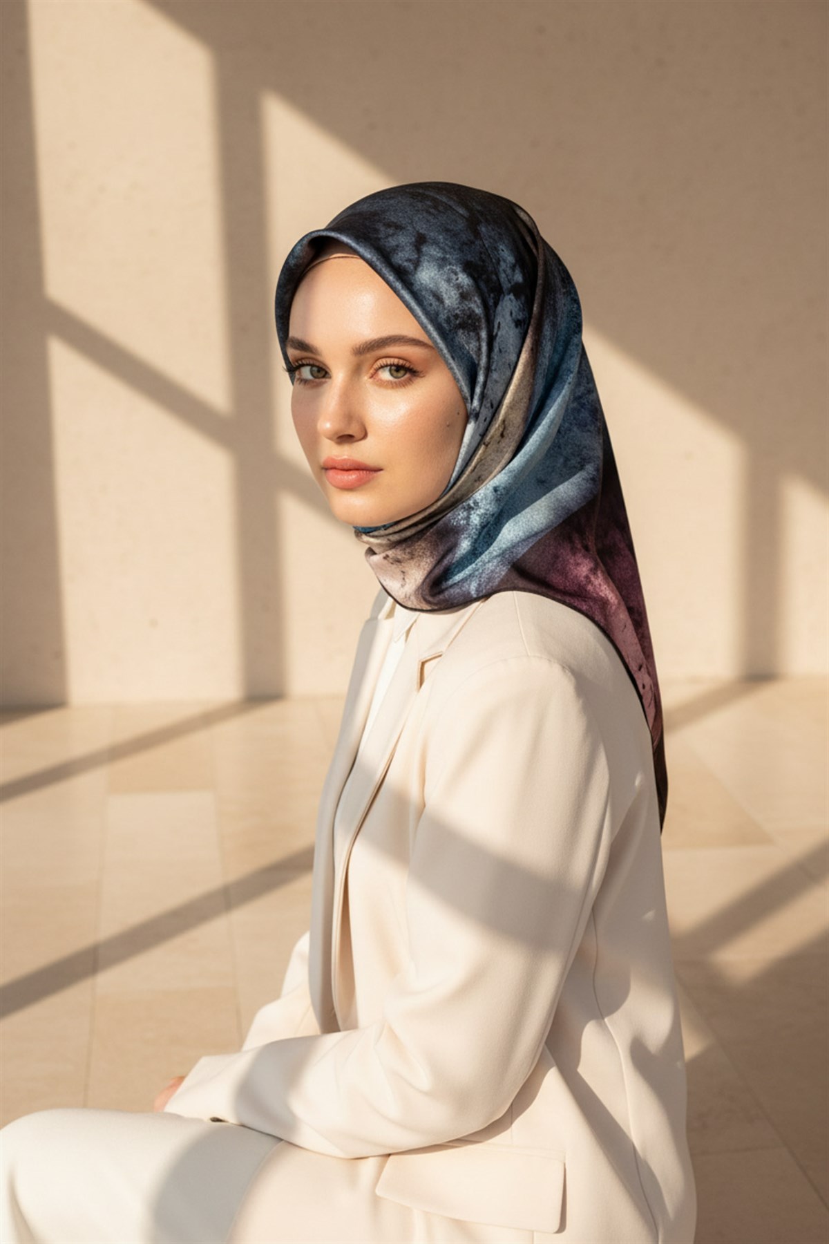 %100 Twill İpek Dokulu Ve Geometrik Desenli Mint Yeşili - Lila Renkli 90x90 Eşarp Dikim Şekli : El Dikişi