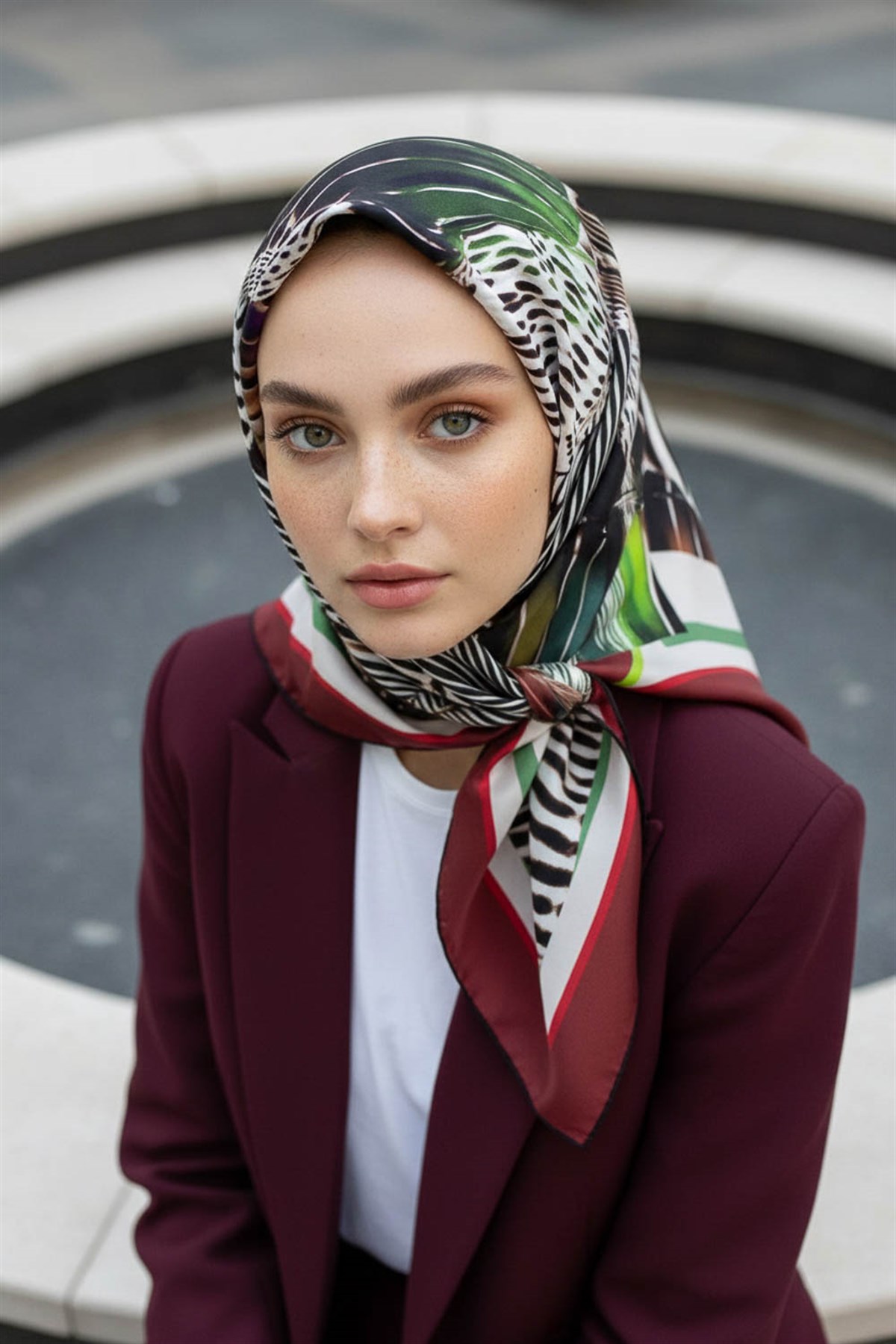 %100 Twill İpek Geometrik Desenli Bordo - Krem Renkli 90x90 Eşarp Dikim Şekli : El Dikişi