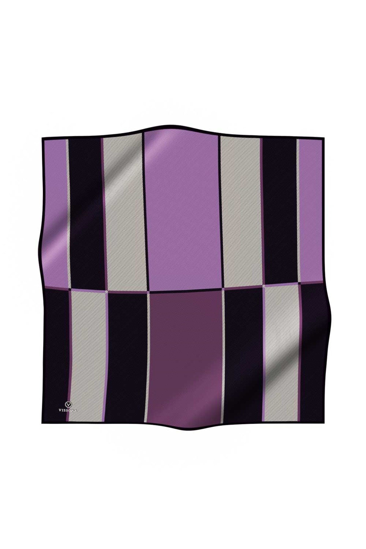 %100 Twill İpek Geometrik Desenli Lila Renkli 90x90 Eşarp Dikim Şekli : El Dikişi
