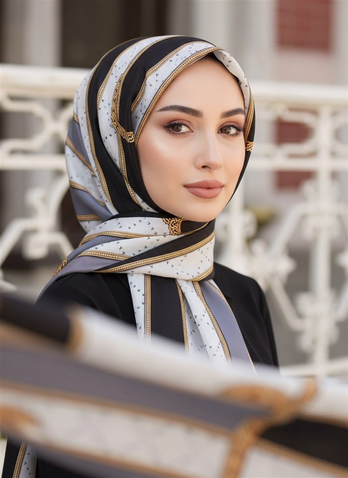 100% İPEK KEMER DESENLİ FÜME - SİYAH RENKLİ ŞAL