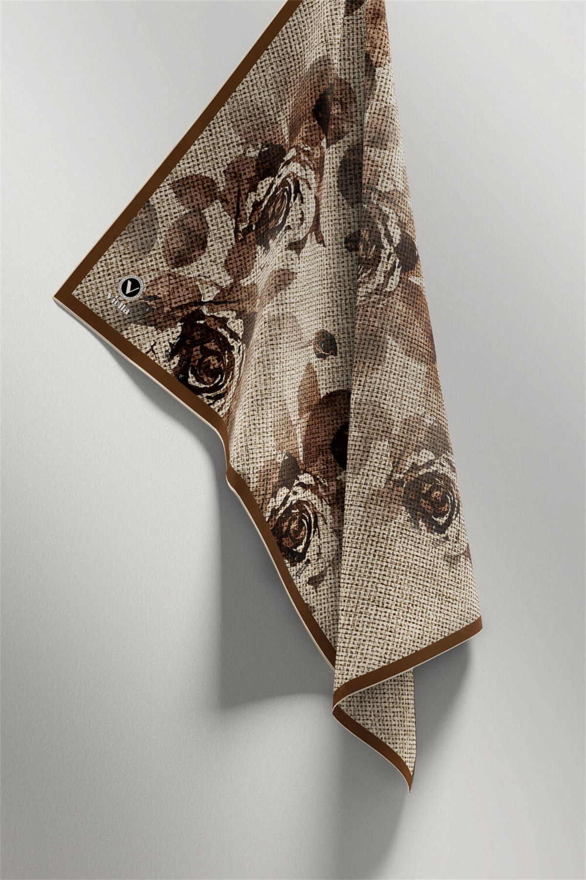 Twill Gül Desenli Bej Renkli 90x90 Eşarp (İpek İçermez) Kenar Dikiş Şekli El Dikişli