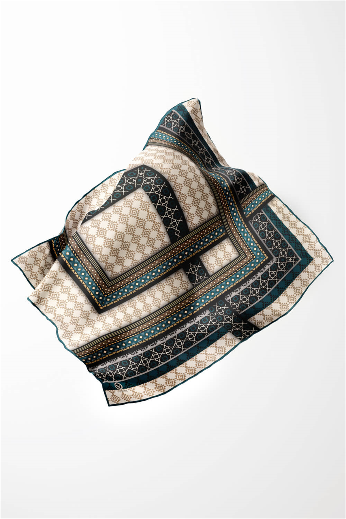 Twill Etnik Desenli Petrol Mavisi Renkli 90x90 Eşarp (İpek İçermez) Kenar Dikiş Şekli El Dikişli