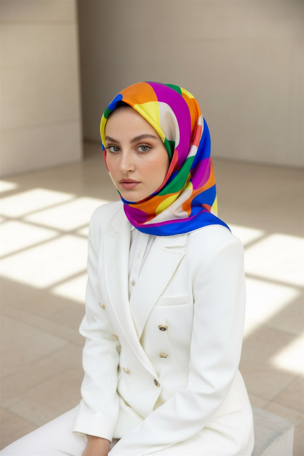 %100 Twill Renk Bloklu Çizgili Desenli Saks - Turuncu Renkli 90x90 Eşarp Dikim Şekli: El Dikişii