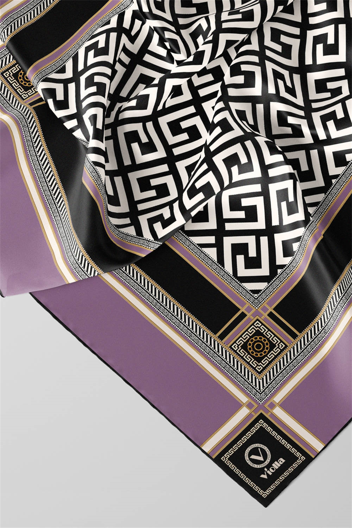 Twill Antik Desenli Lila Renkli 90x90 Eşarp (İpek İçermez) Kenar Dikiş Şekli El Dikişli