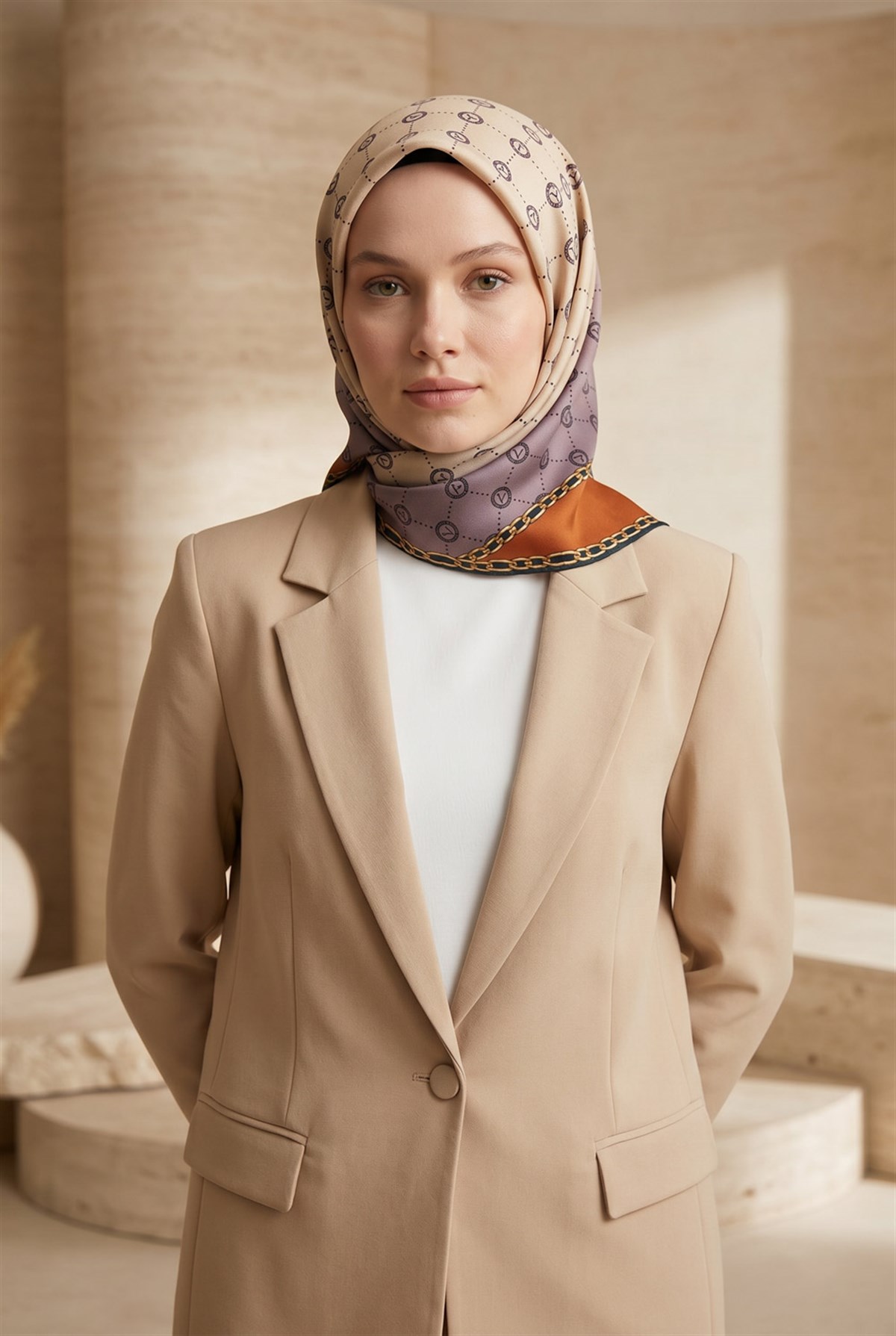 %100 Twill İpek Zincirli Ve Monogram Desenli Bej - Taba Renkli 90x90 Eşarp Dikim Şekli : El Dikişi