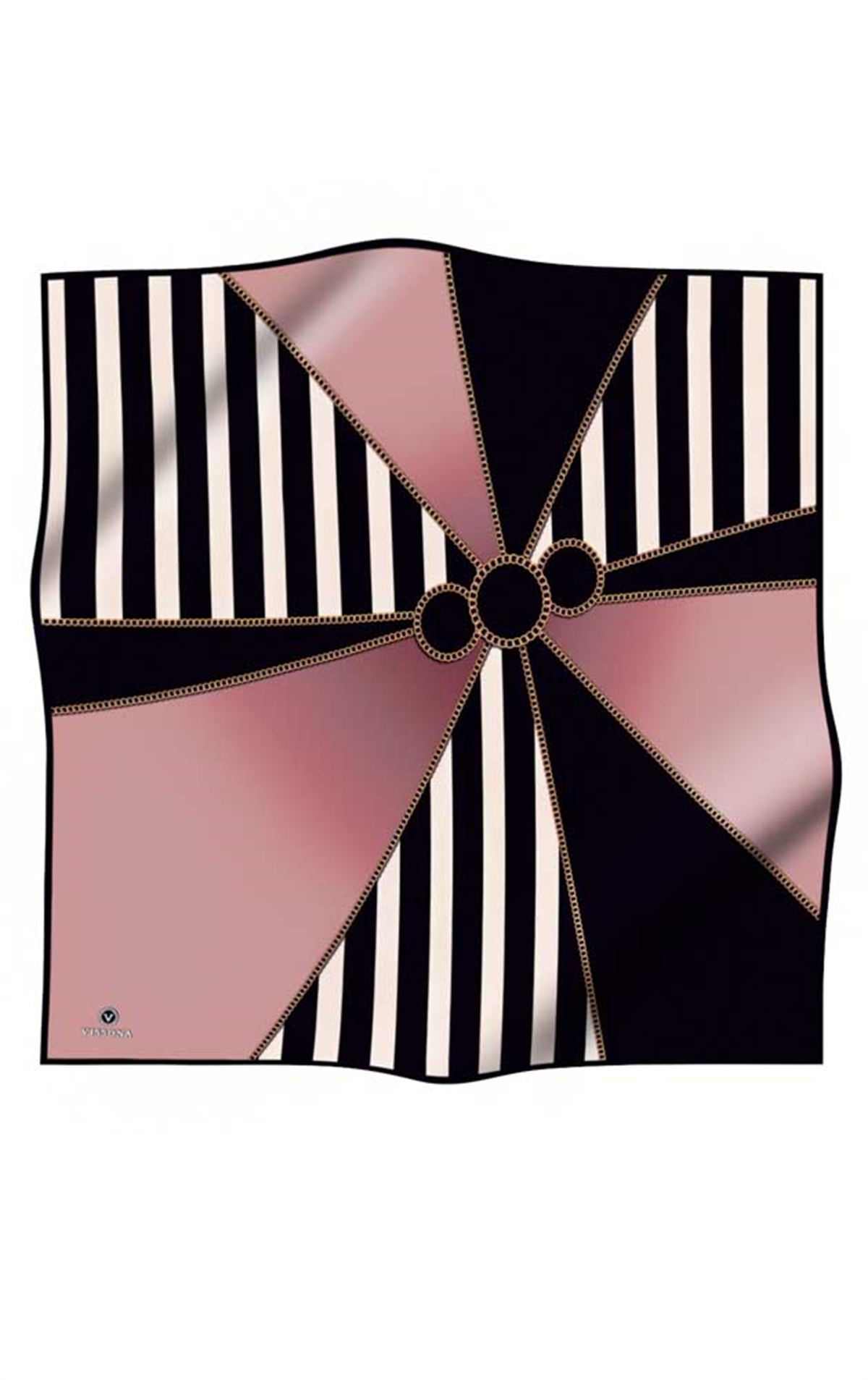 %100 Twill İpek Zincirli Çizgi Desenli Pudra - Siyah Renkli 90x90 Eşarp Dikim Şekli : El Dikişi