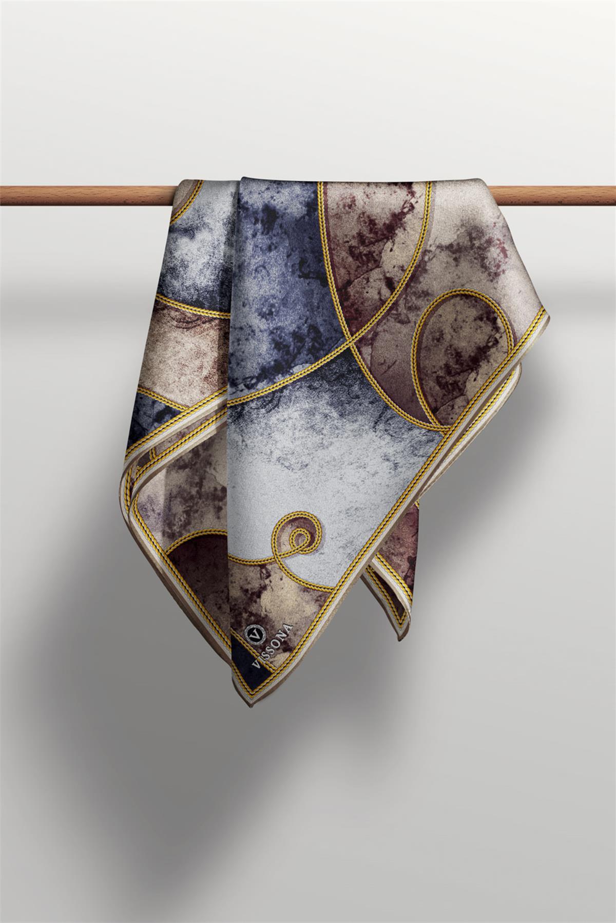 %100 Twill İpek Zincirli Mermer Desenli Bej - Gri Renkli 90x90 Eşarp Dikim Şekli : El Dikişi