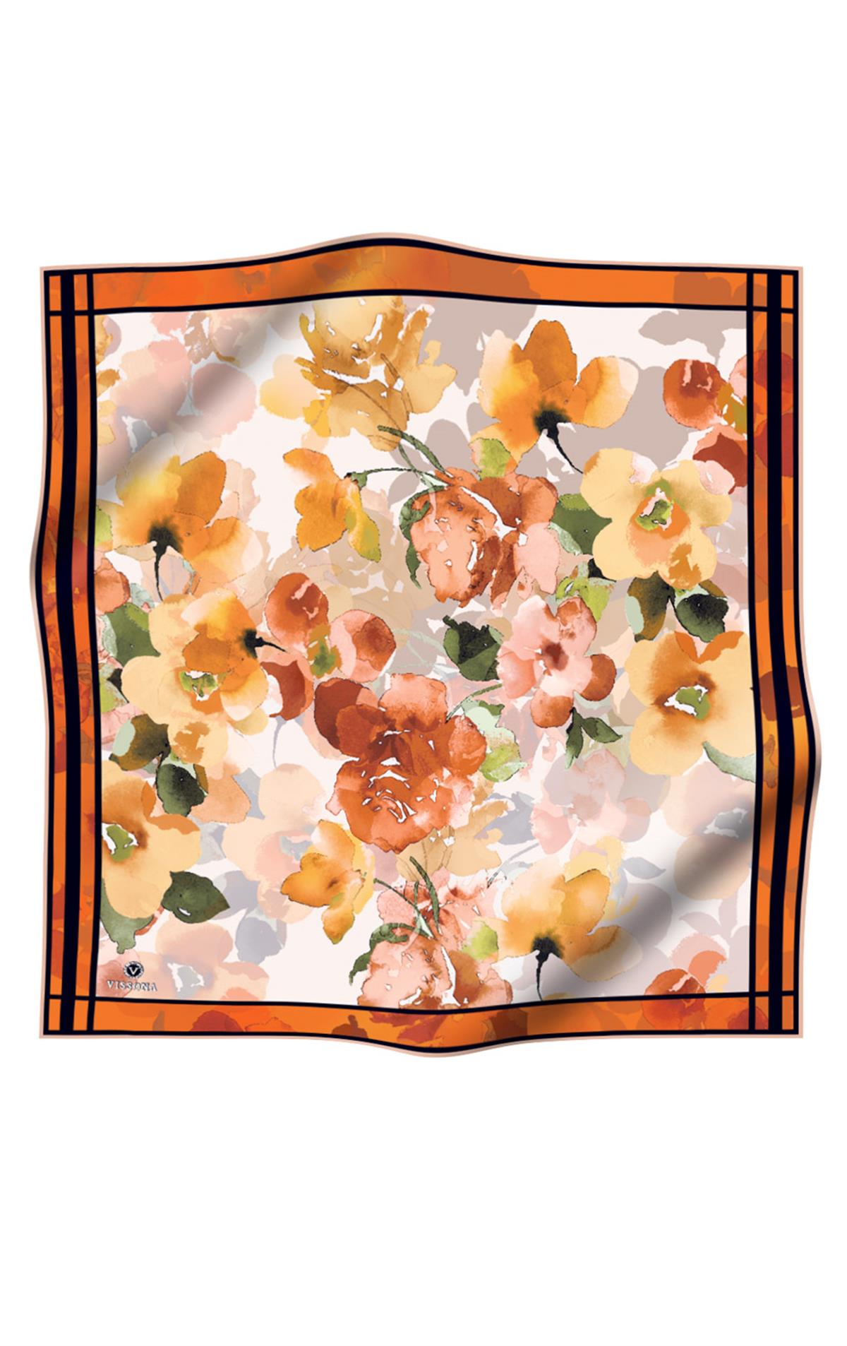 %100 Twill İpek Sulu Boyalı Çiçek Desenli Turuncu - Gold Renkli 90x90 Eşarp Dikim Şekli : El Dikişi