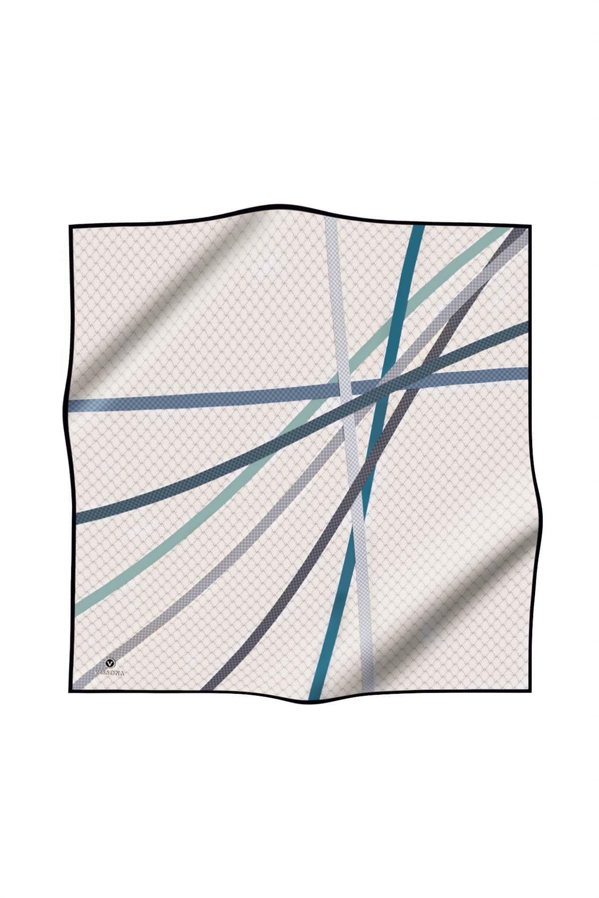 %100 Twill İpek Monogram Ve Şerit Desenli Gri - Koyu Mint Yeşili Renkli 90x90 Eşarp Dikim Şekli : El Dikişi